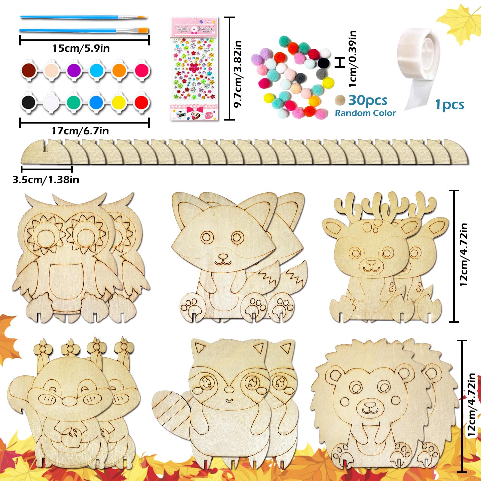 HILKKET Igel Bastelset für Kinder, 12 Pcs Herbst Anhänger Holz Deko mit Pigmente, 3D Eule Holzbastelsets, Herbst Basteln Kinder zum Basteln und Bemalen Fuchs, Elch, Eichhörnchen, Waschbär Jesienne