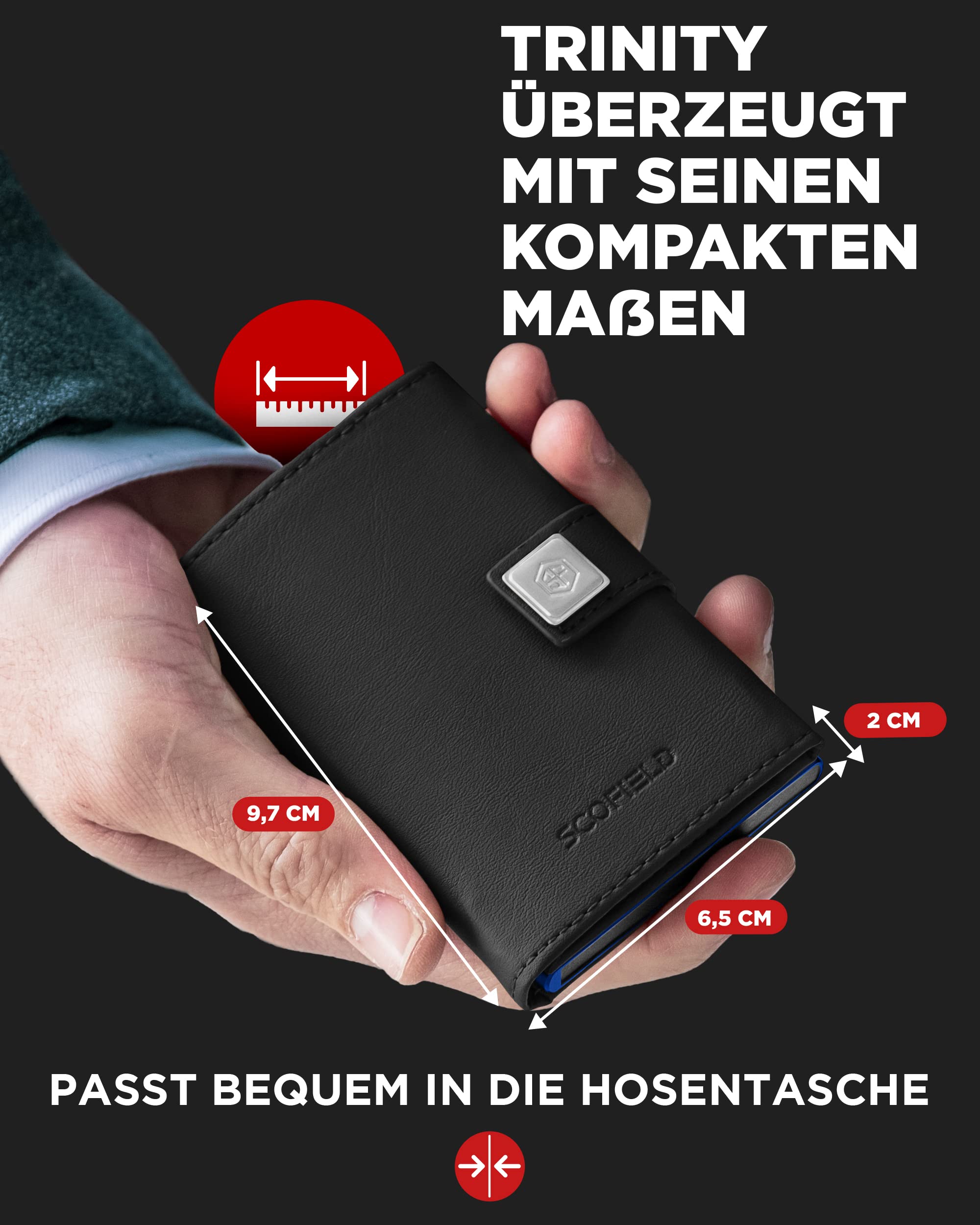 SF SCOFIELD Trinity wąski portfel z przegródką na monety, wysokiej jakości etui na karty kredytowe na 10-12 kart, ochrona RFID, portfele dla mężczyzn, inteligentny portfel, Münzfach Max