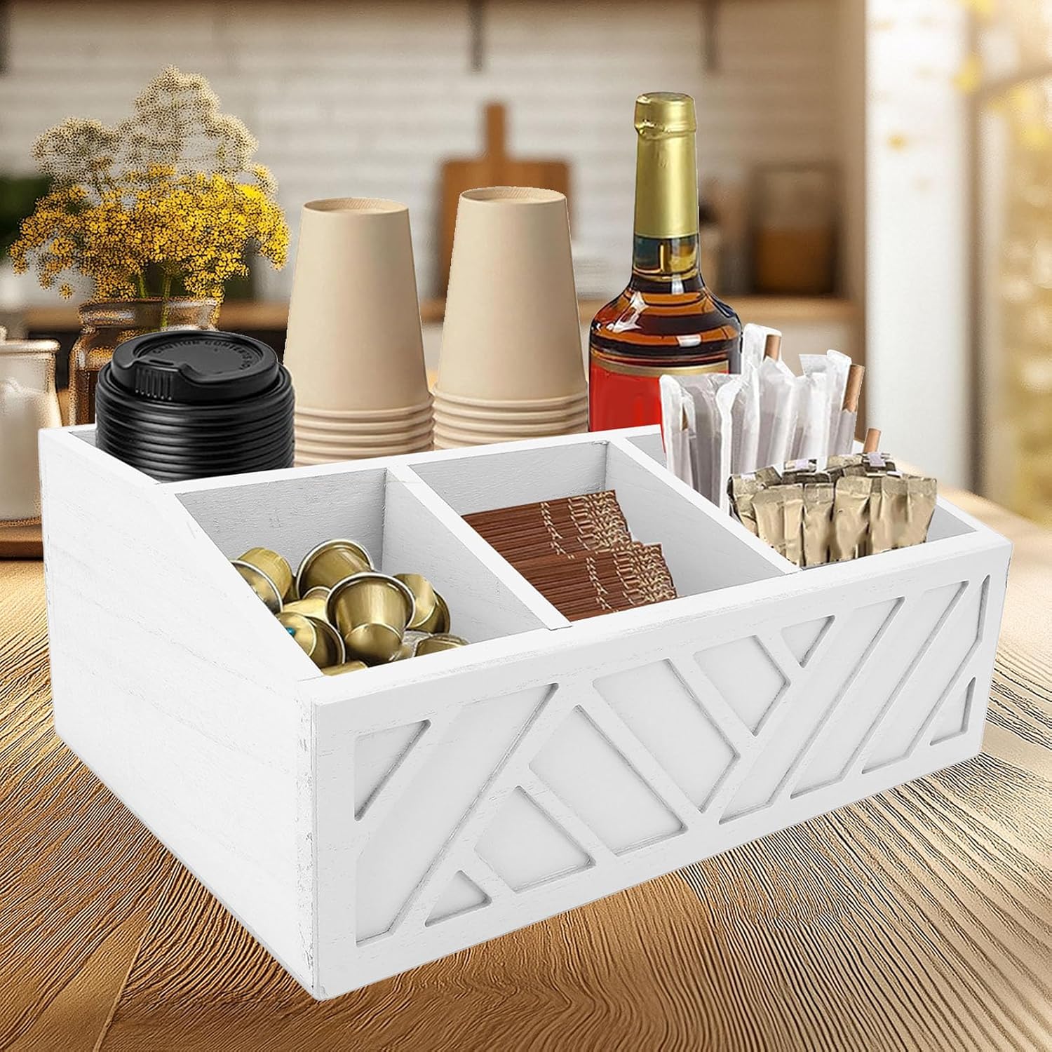 Wood Tea Bag Organizer with 5 Slots, Tea Bag Holder and Tea Organizer, Sugar Packet Storage for Countertops (White)