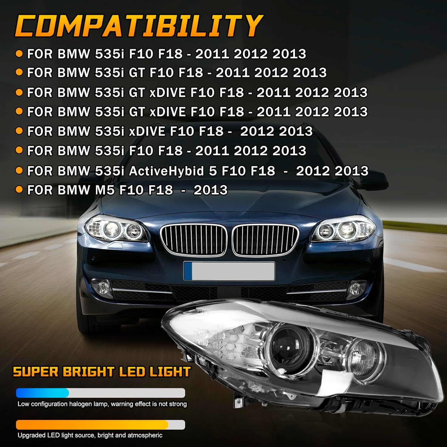Headlight Assembly Compatible With BMW 5 Series F10 535i 528i 550i 2011-2013 Xenon Headlight Adaptive Headlamp Right Passenger Side.