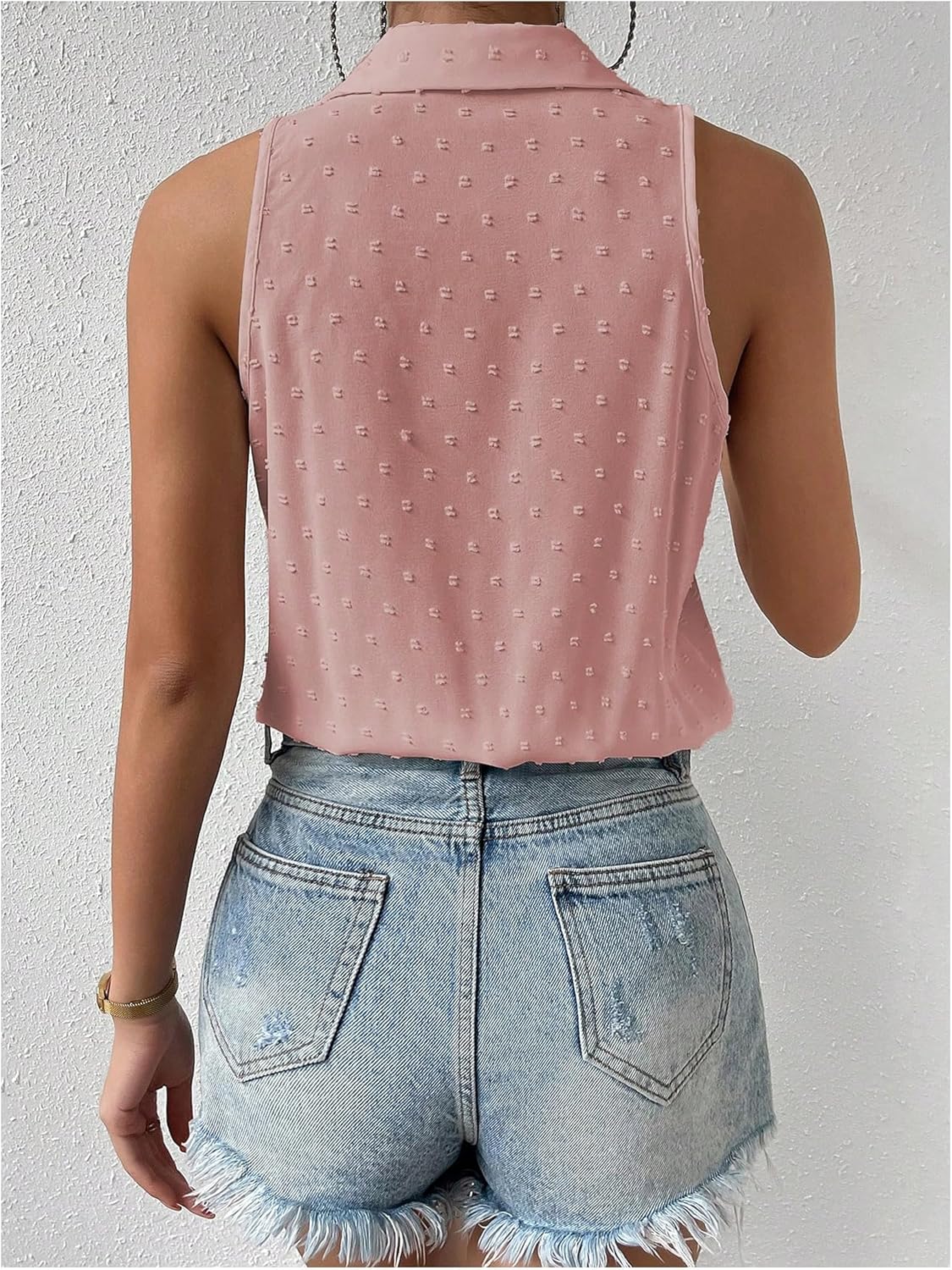 MAKEMECHIC Women's Dressy Bodysuit Shirt Collared Swiss Dots Sleeveless Button Down Tank Tops - Image 2