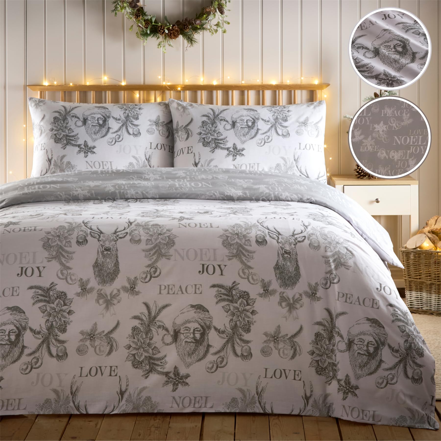 Charlotte Thomas Grey Santa Joy Christmas Duvet Cover Set - Double