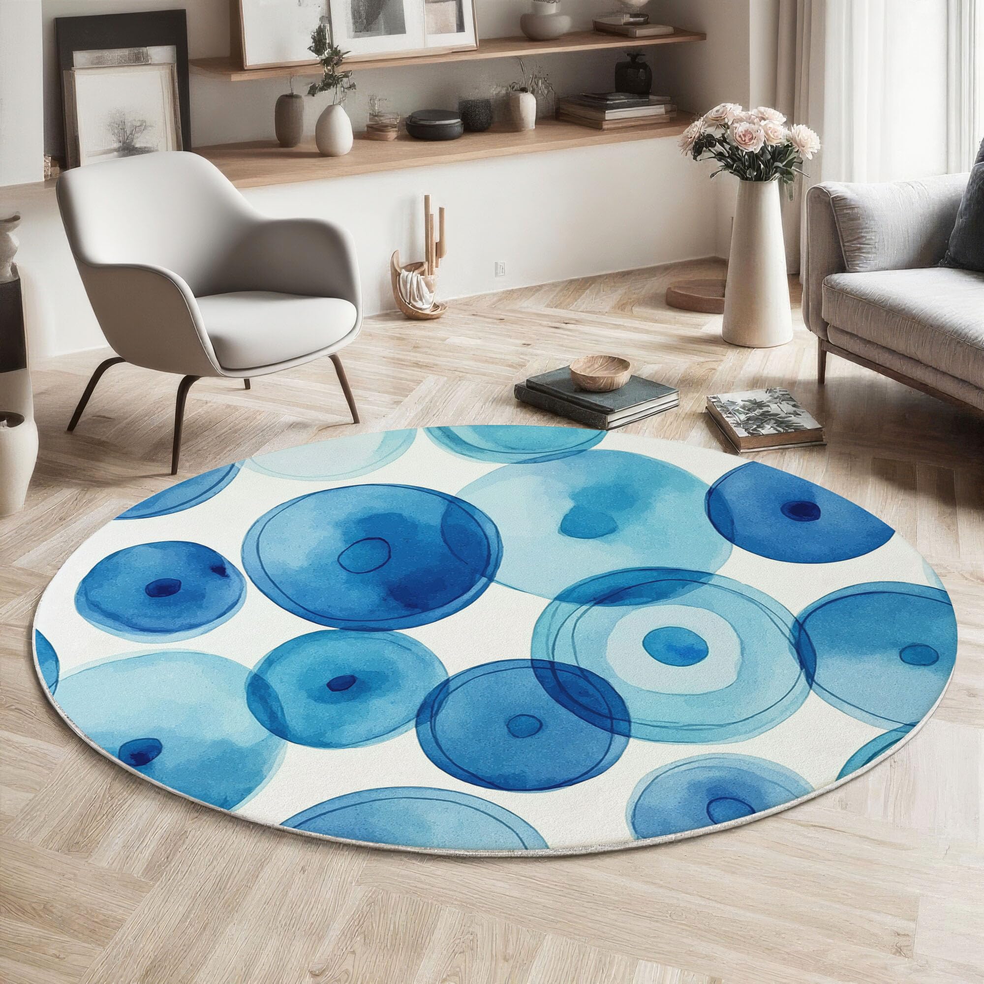 Tapis rond bleu aquarelle 100cm pour chambre d'enfant