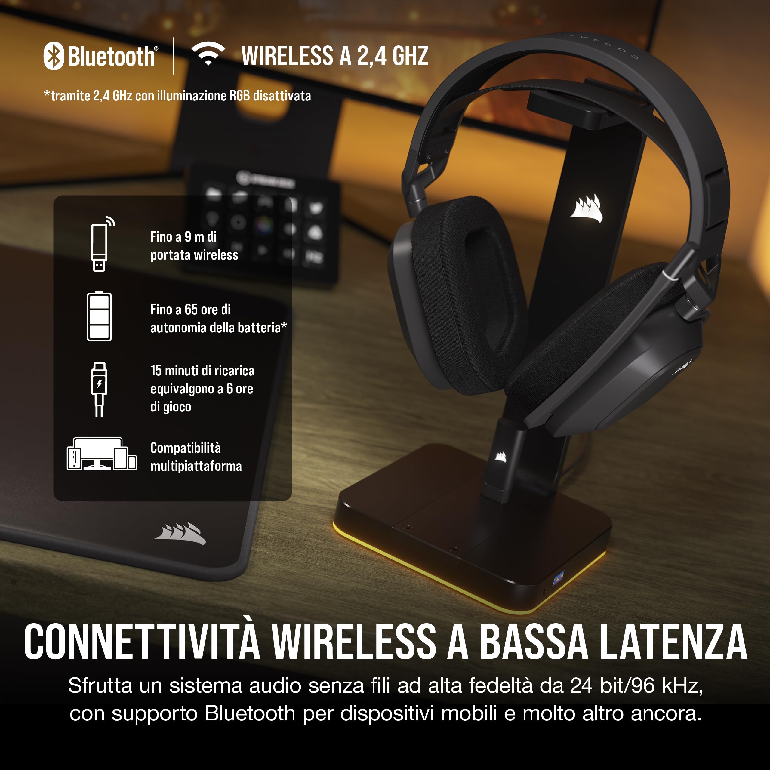 CORSAIR HS80 MAX Cuffie da Gioco Multipiattaforma Senza Fili con Bluetooth - Dolby Atmos - Microfono omnidirezionale - Compatibile iCUE - PC, Mac, PS5, PS4, Nintendo Switch, Mobile - Grigio Acciaio
