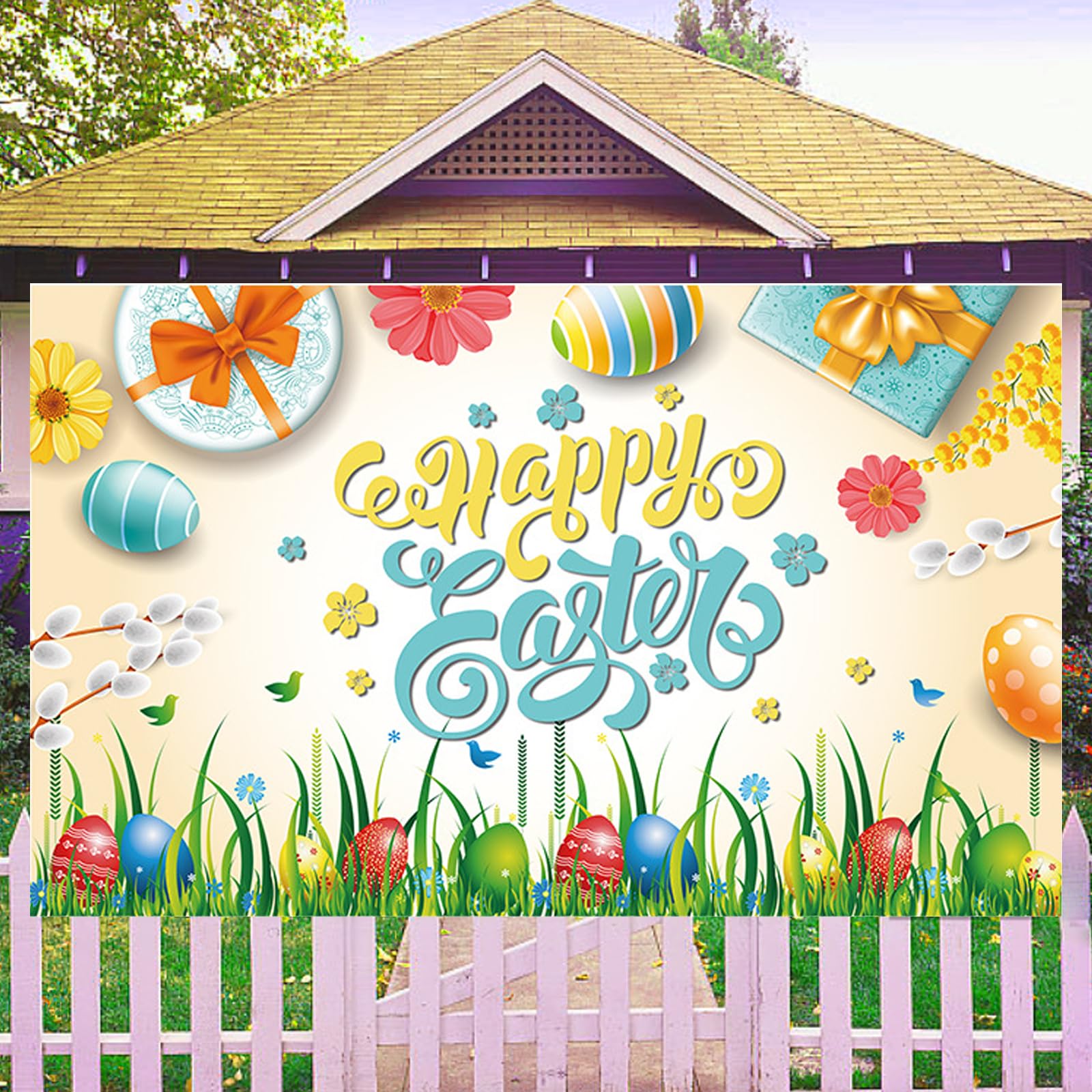 Easter Backdrop Banner,Easter Decorations Egg Game Activity Banner (180 x 110 cm), Black