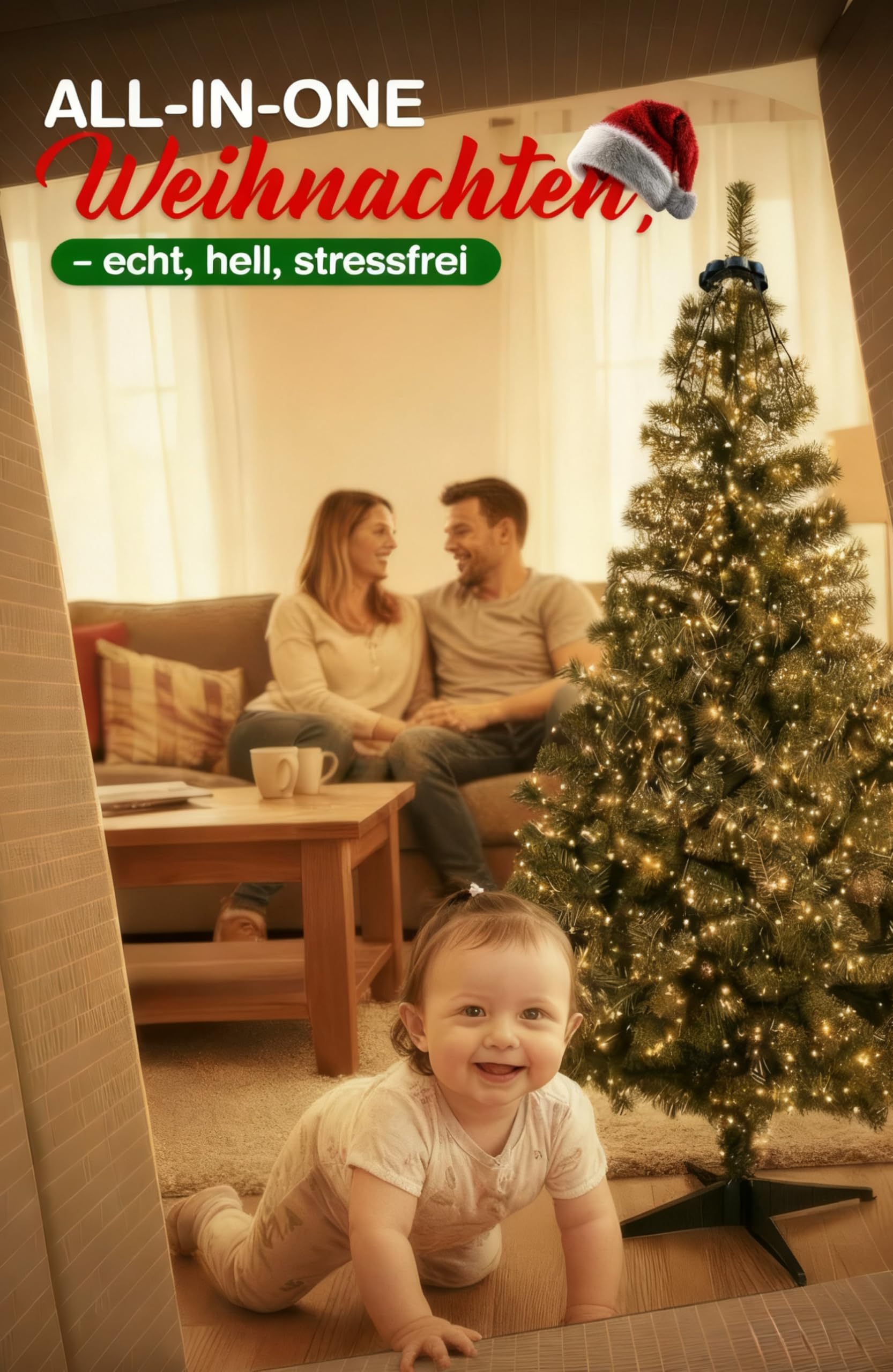 Künstlicher Weihnachtsbaum 150 cm 2-in-1 Set, Dichte PVC-Zweige, Tannenbaum Künstlich mit Lichterkette, Stabiler Christ