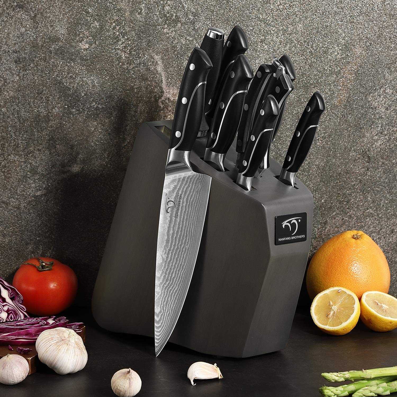 Cuchillo de Cocina Profesional, Bloque de madera Set Cuchillos Cocina de Acero Damasco con 9 Piezas,Cuchillos de Chef by NANFANG BROTHERS