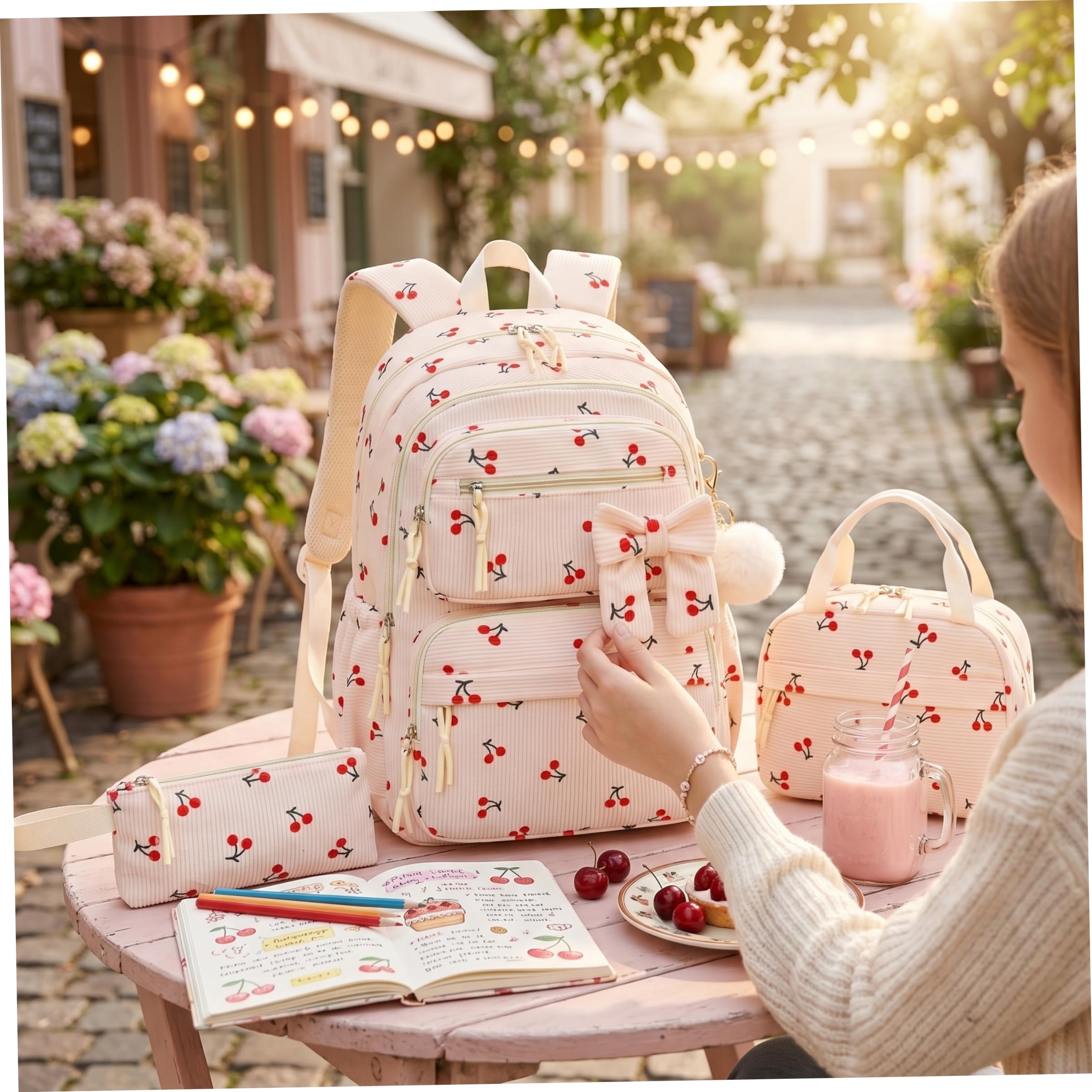 Juego de 3 mochilas de pana con diseño de cerezas para niñas y mujeres, mochila escolar con bolsa de comida y estuche para lápices, mochila ligera para viajes, uso diario, linda escolar