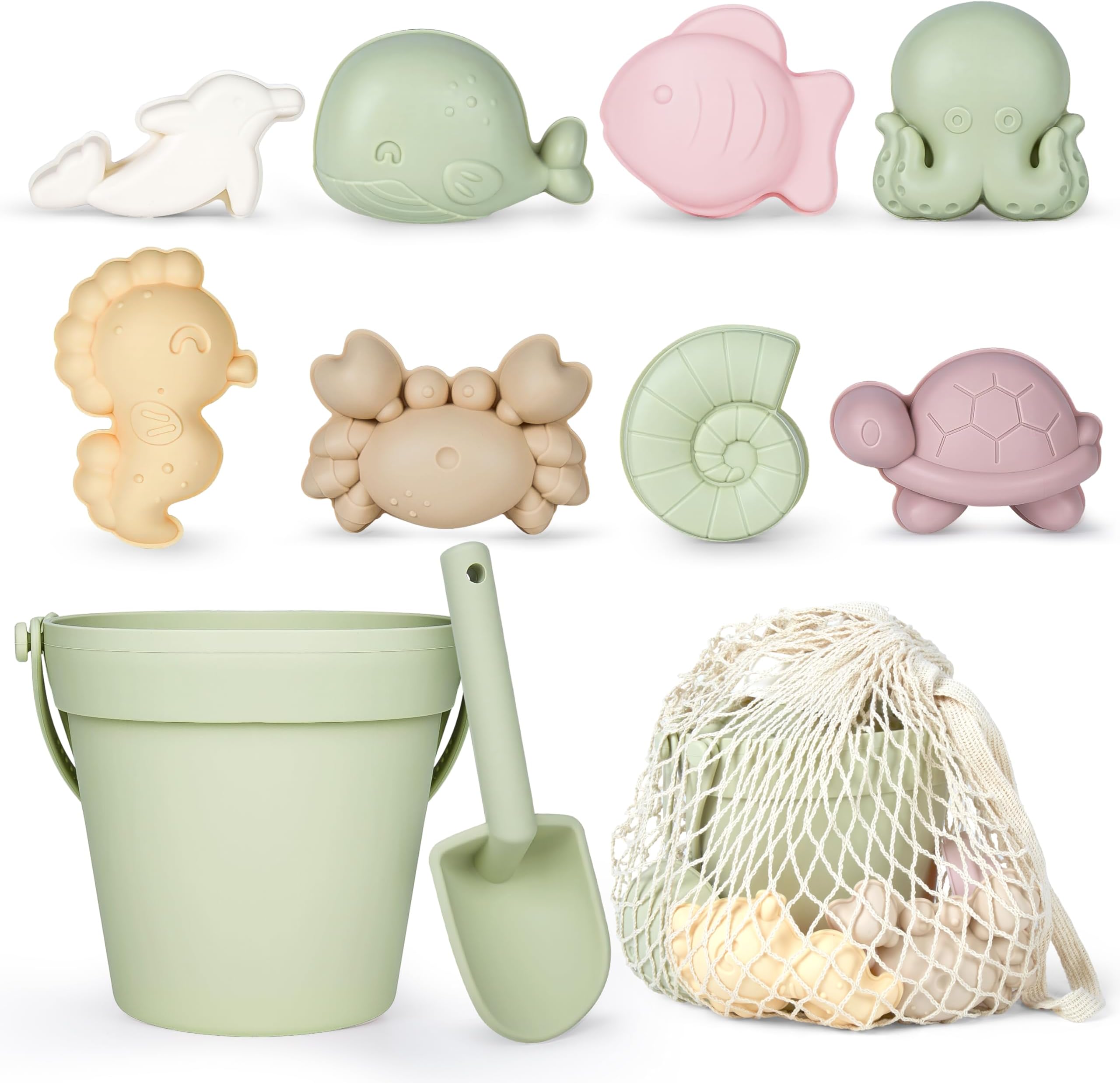 MarcZero 11Pcs Silicone Beach Toys,Modern Baby Beach Toys,Travel Friendly Beach Set,Silicone Bucket, Shovel, 8 Sand Molds, Beach Bag, Sand Toys for Toddlers, Kids (Green)