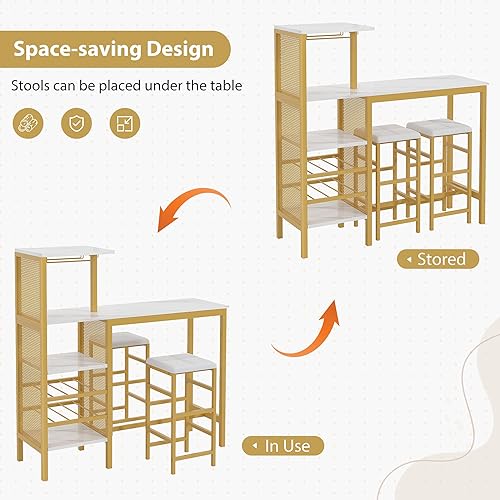 Miniatura 8 de VECELO juego de mesa de bar y sillas para 2, juego de comedor de 3 piezas con estantes de almacenamiento, portavasos y estante para vino, taburetes