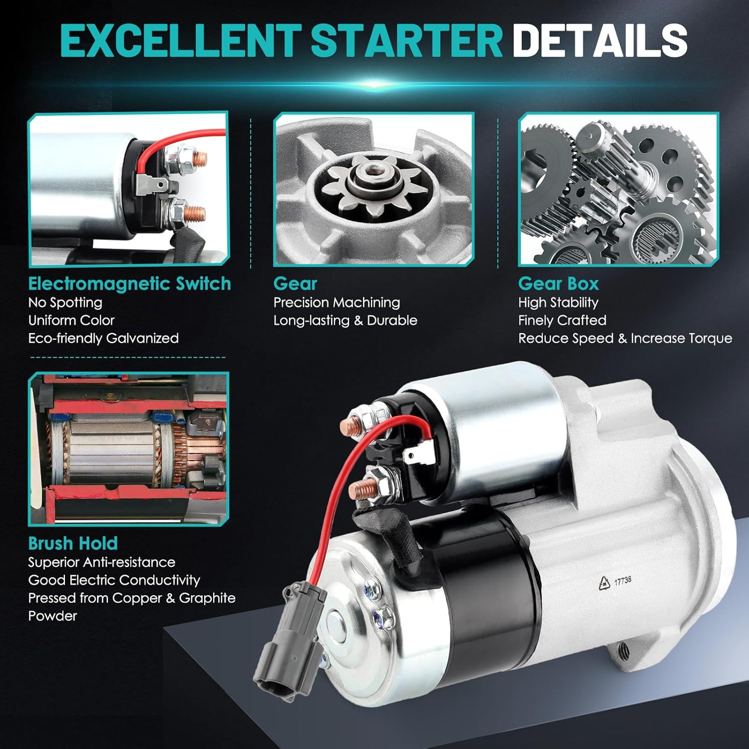 17738 Starter Motor Fit for Nissan Frontier 1999-2001, for Nissan Xterra 2000-2001 V6 3.3L Automotive Replacement Starters#23300-4S100, 23300-4S102, M0T60185, M0T60186, M0T60187 Engine Starter