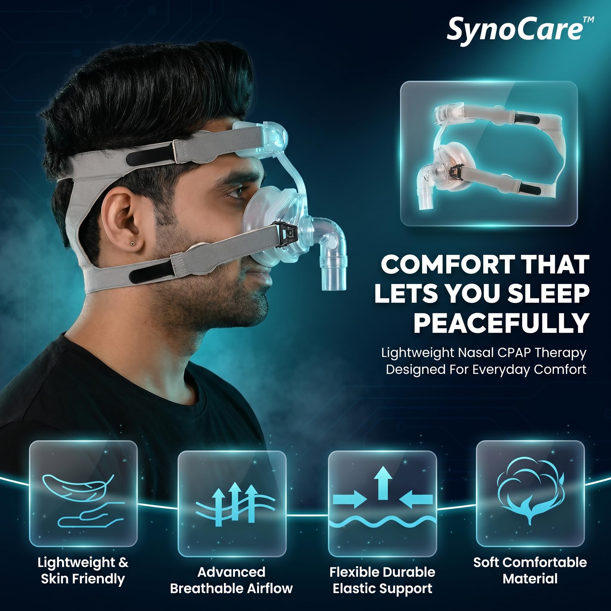 Synocare Cpap Mask for cpap machine for sleep apnea NASAL CPAP type face mask covers nose only compatible to all cpap machine with head strap 100% Transparent (MEDIUM) 2