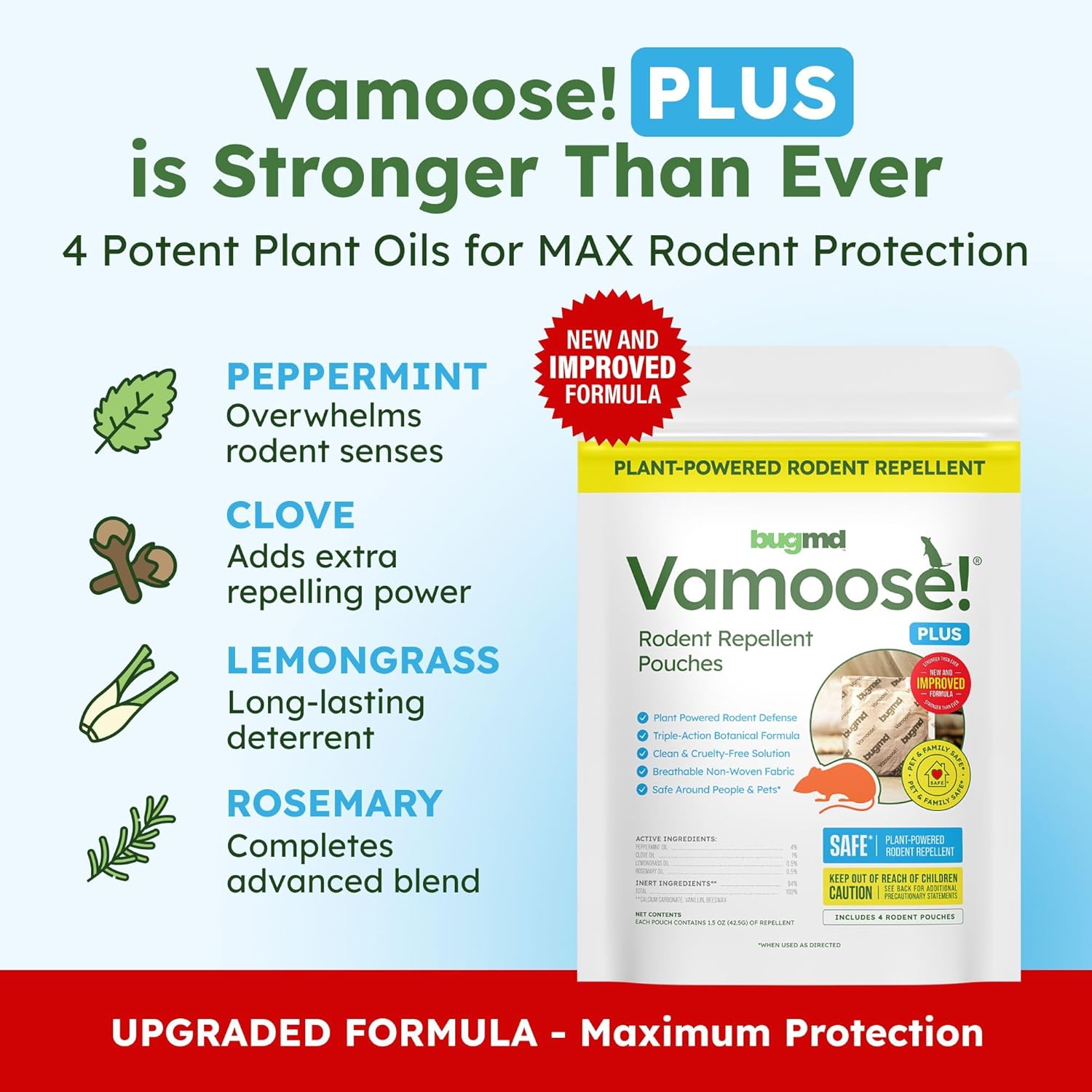 BugMD Vamoose! Plus Peppermint Oil Mouse Repellent Pouches | Natural Mice Repellent Indoor & Rat Deterrent for House, Garage, RV, Car & Storage | Plant-Powered Rodent Control - 2 Pack - 8 Pouches - Image 2