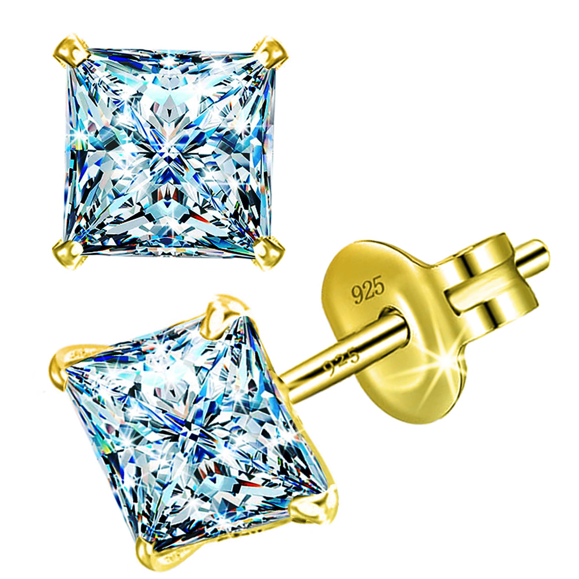 white solitaire diamond stud earrings set | pure 925 sterling silver | square princess cut cubic zirconia ear tops | gift item for men women boys girls girlfriend | 6 month warranty