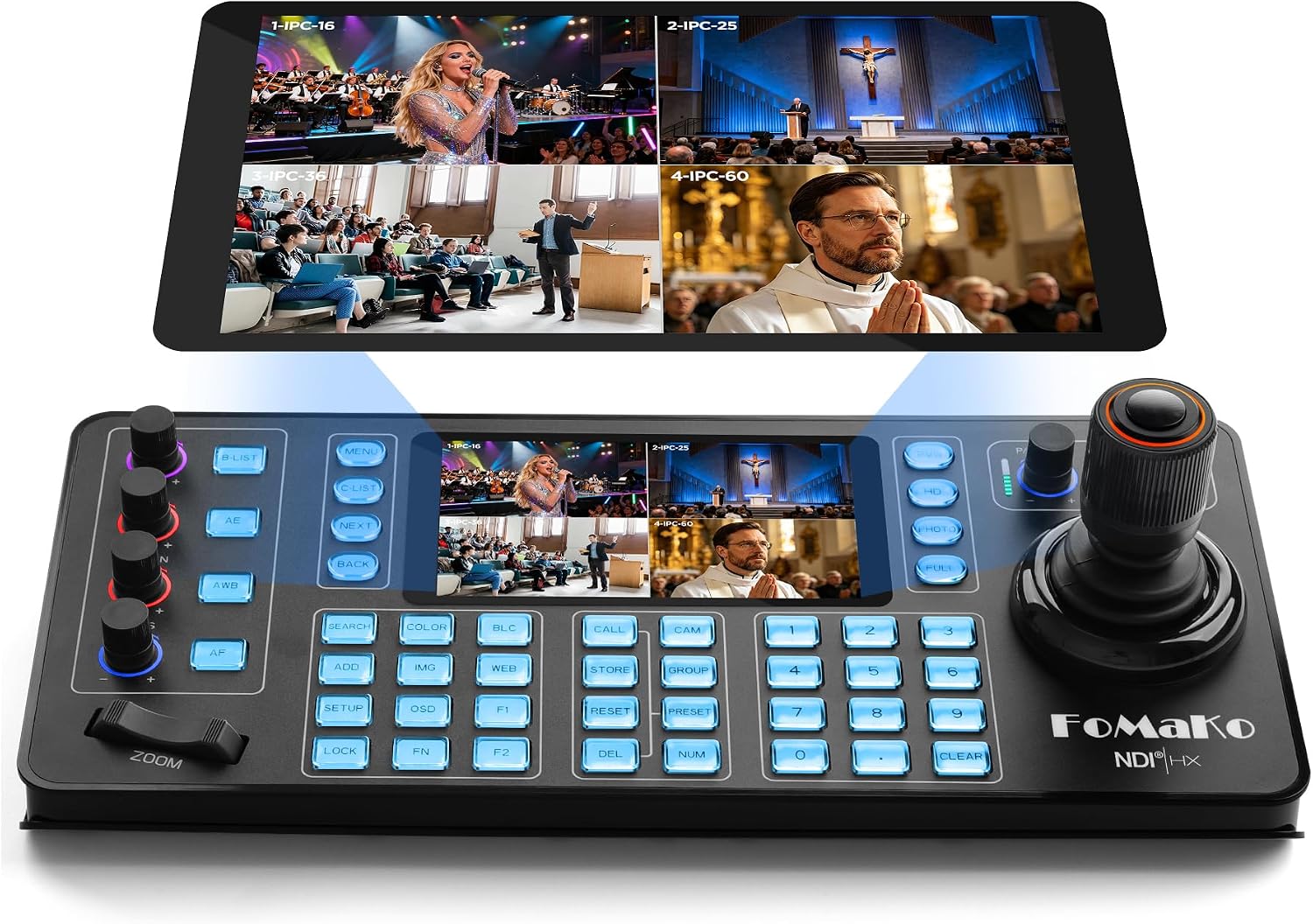 FoMaKo KC608N NDI PTZ Camera Controller, Quad-Screen 4K Multi-Channel Preview, 5.5" Capacitive Touchscreen,4D Hall Joystick, PoE, VISCA/Pelco/NDI HX, for Church, Worship, Studio, Education,Events