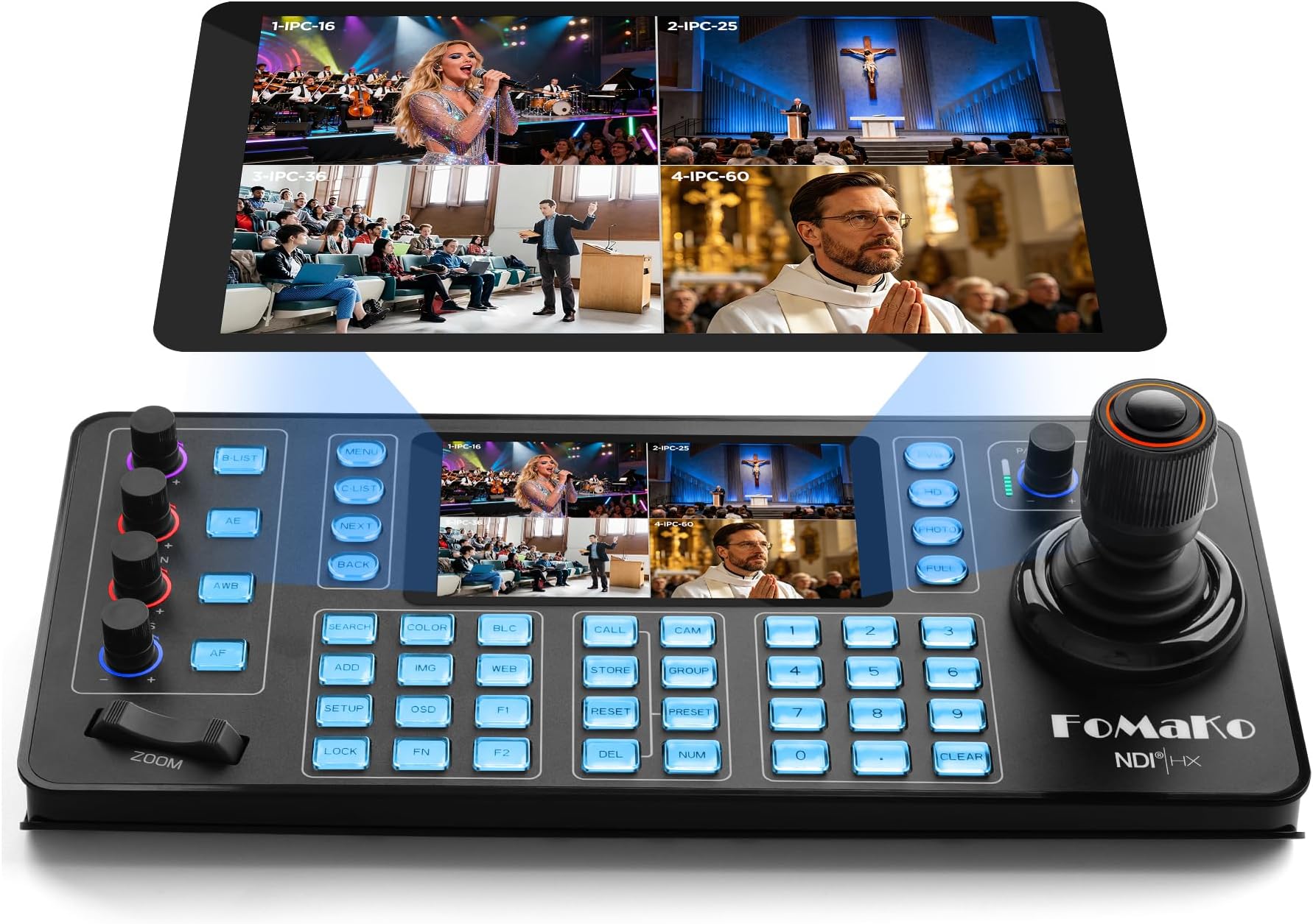 FoMaKo NDI PTZ Camera Controller, Quad-Screen 4K Multi-Channel Preview, 5.5" Capacitive Touchscreen, 4D Hall Joystick, PoE, VISCA/Pelco/NDI HX, for Church, Worship, Studio, Education, Events, KC608N