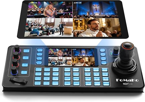 FoMaKo NDI PTZ Camera Controller, Quad-Screen 4K Multi-Channel Preview, 5.5" Capacitive Touchscreen, 4D Hall Joystick, PoE, VISCA/Pelco/NDI HX, for Church, Worship, Studio, Education, Events, KC608N