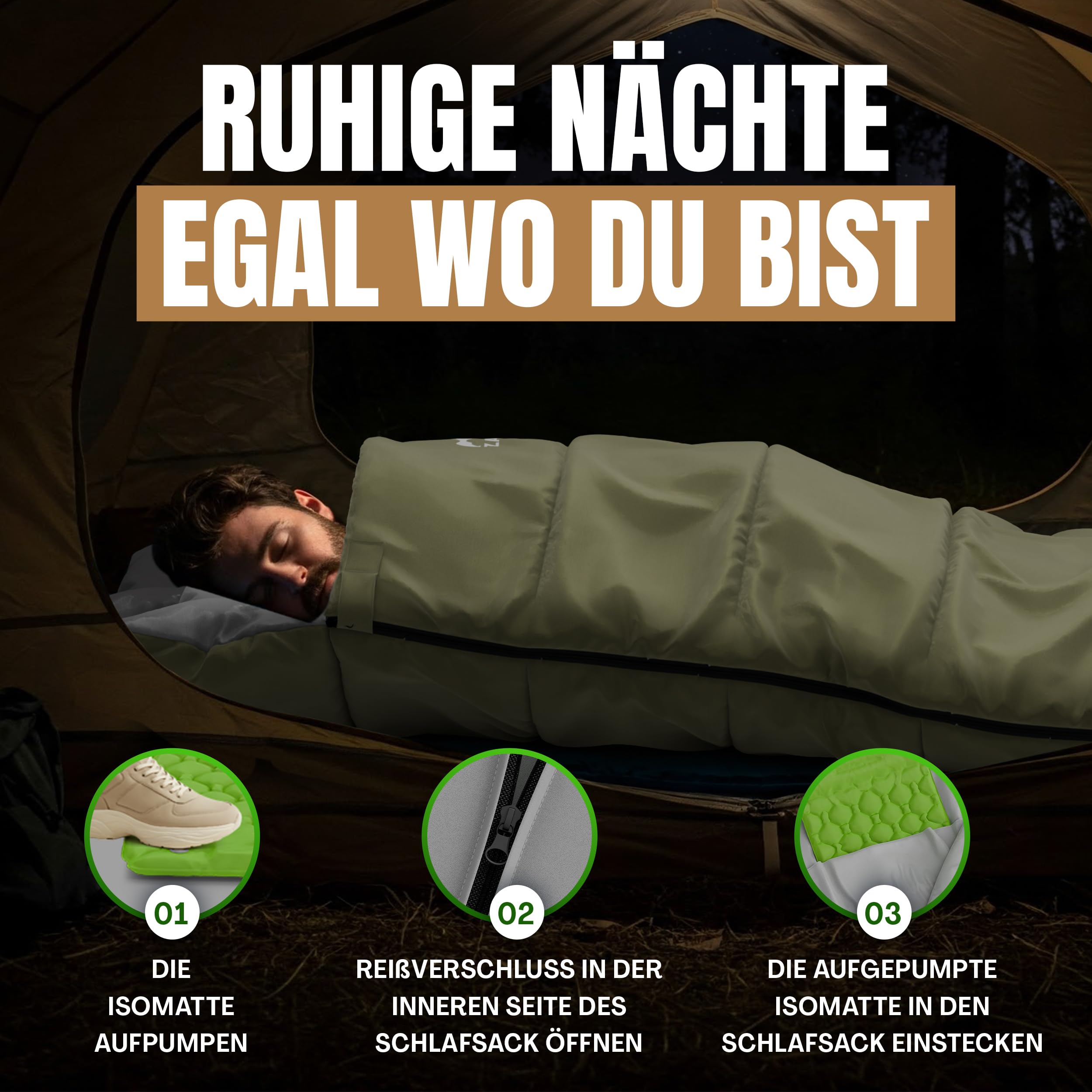 Schlafsack mit integrierbarer Isomatte & Fußpumpe – Outdoor Set für Festival, Trekking und 3-Jahreszeiten Camping