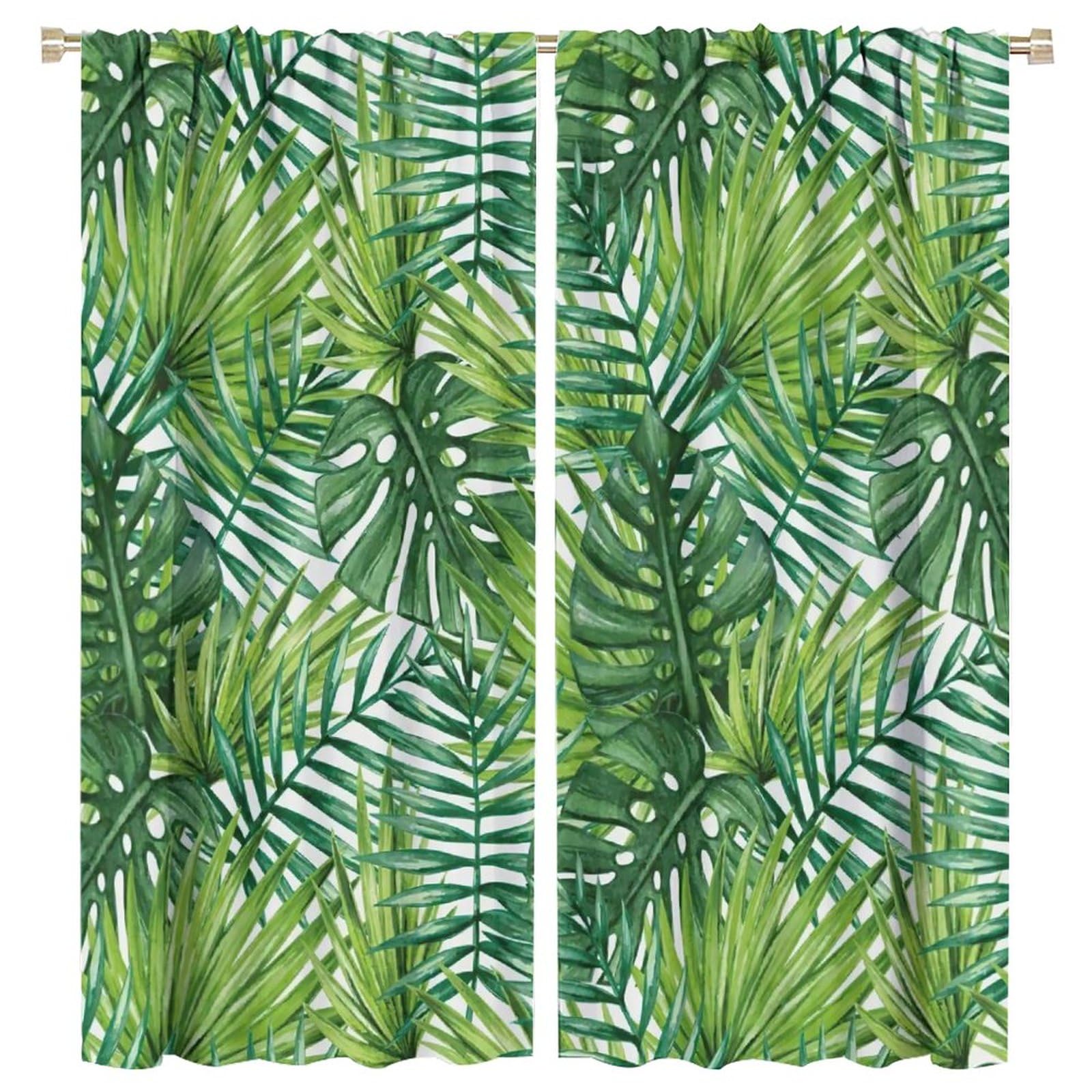 BenYaSong Tropical Leaf Blackout Curtains Room Darkening Window Drapes Nature Plants Green Leaves Theme Print for Living Girl Room Bedroom Curtain Window Curtain 2 Panels 63x72in