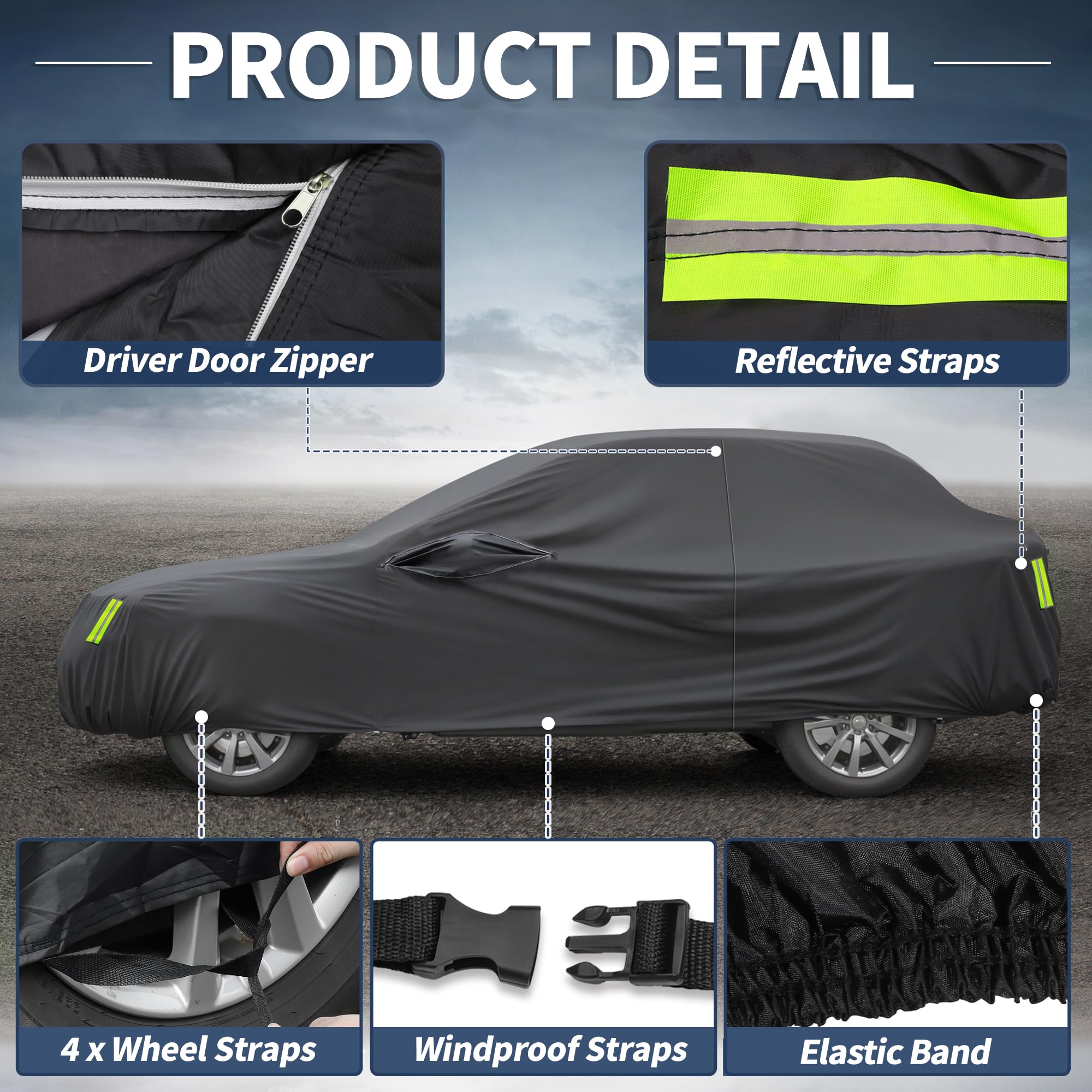X AUTOHAUX Waterproof Sedan Car Cover for 178-186 Inch Sedans - All-Weather Protection Anti-UV Windproof Left Side Zipper — view 6