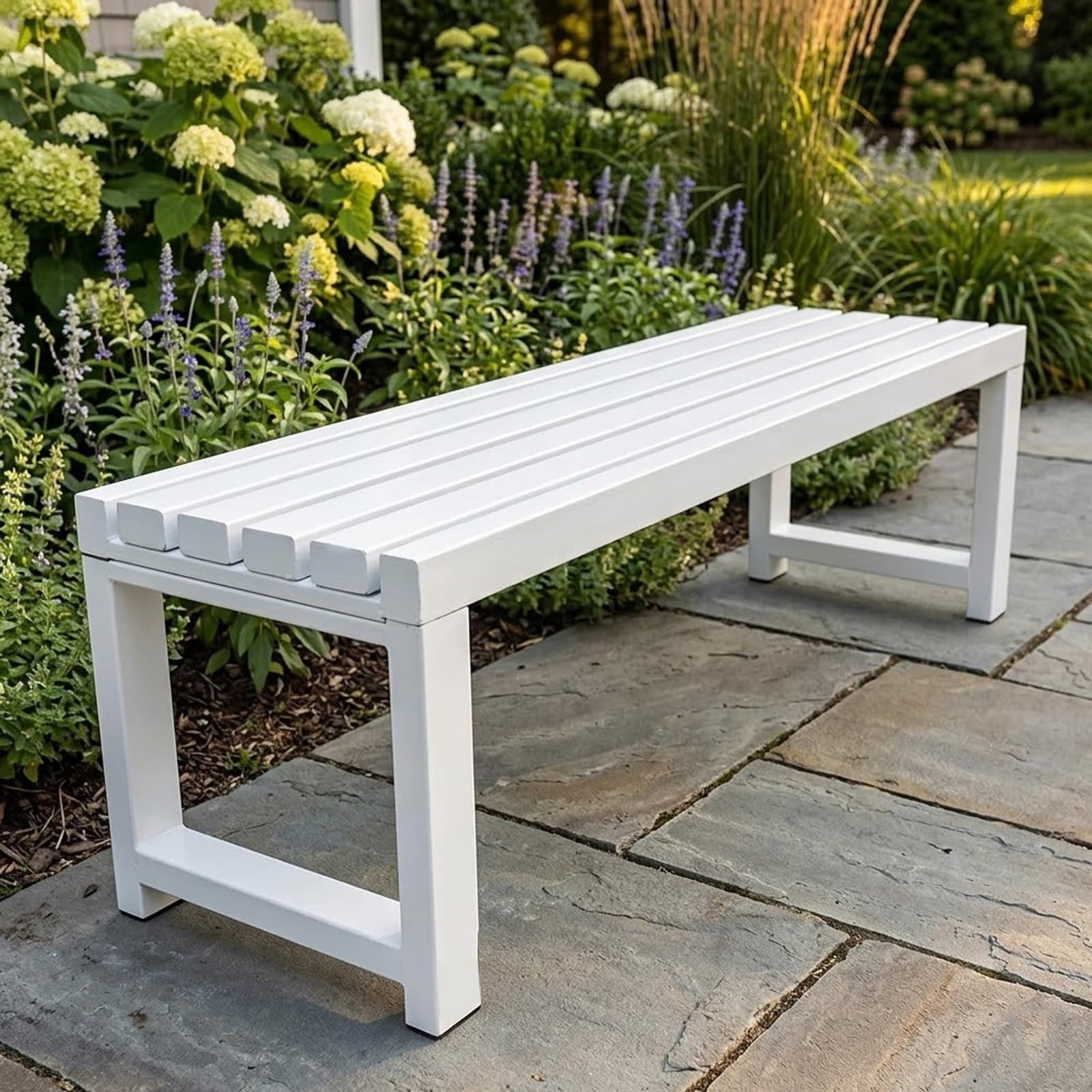 Banco de jardín para 2 personas al aire libre, 1 m, de acero, sin respaldo, resistente a la intemperie, resistente a los rayos UV, para césped, patio, terraza, asiento de jardín blanco