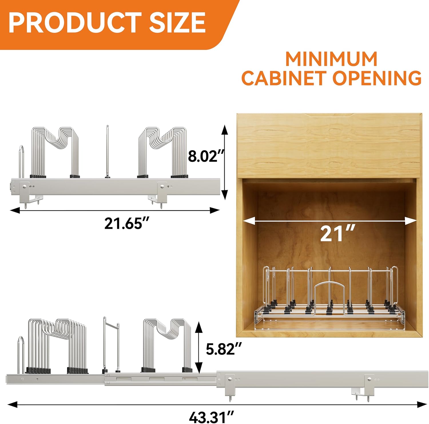 Pull Out Pots and Pans Organizer Under Cabinet, Sliding Adjustable Pot Rack with 15 Adjustable Dividers, Chrome-Plated Pot and Pan Holder Rack, Full-Extension Rail for Kitchen Organization 20" W*22" D