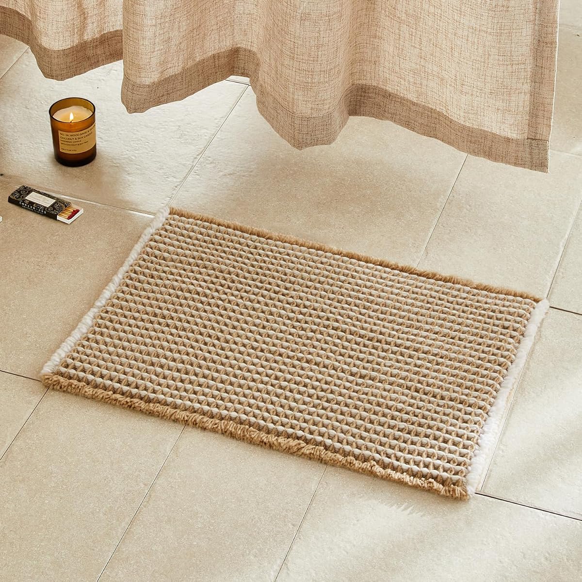 Waffle Bath Mat, Small Boho Bathroom Rugs Non Slip 24x16 Khaki & White | Super Absorbent Quick Dry Bath Rug, Non-Slip Backing, Soft Waffle Washable Farmhouse Bathroom Mats, Tub, Shower & Home Decor