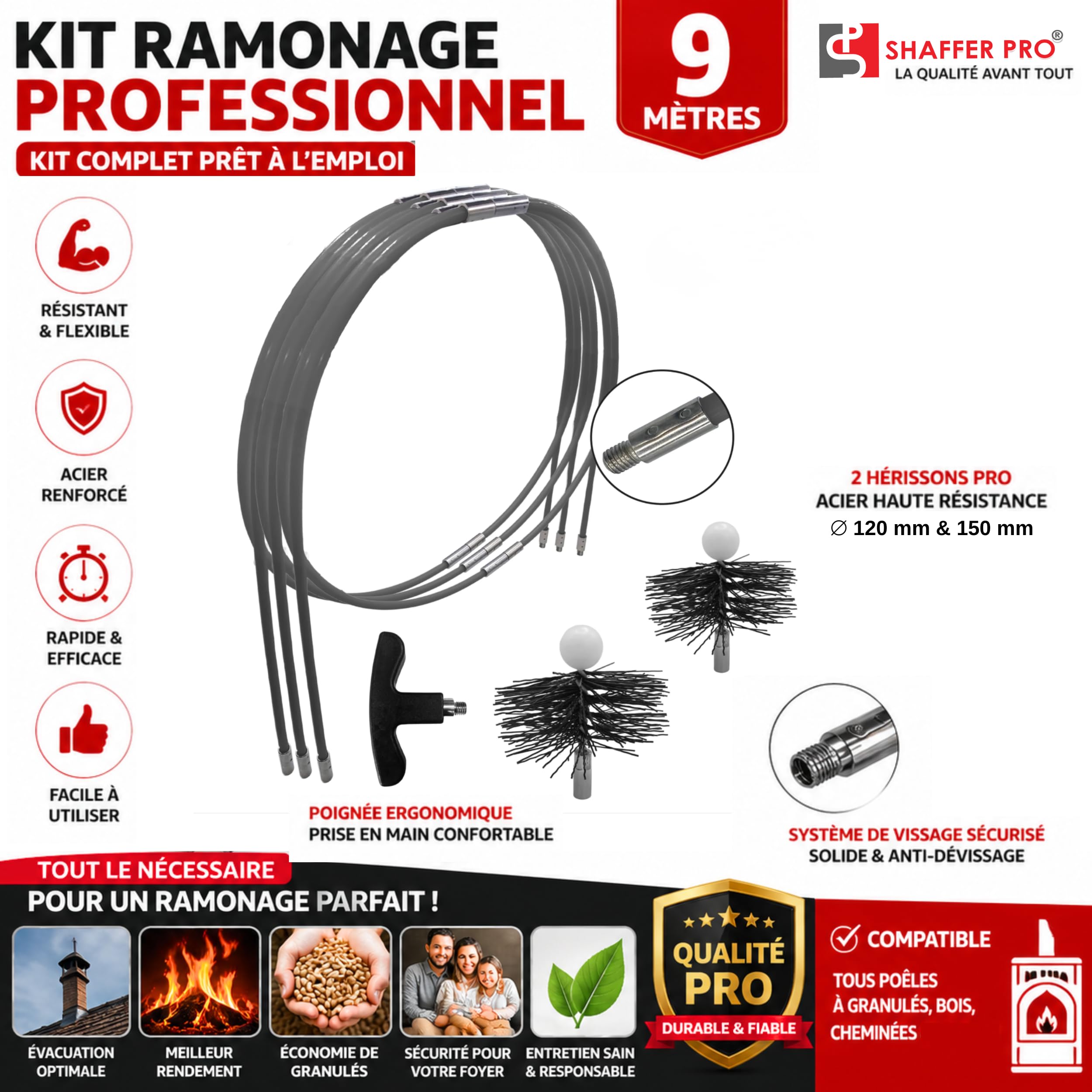 Kaminreinigungsset für Holz/Pellet, 9 m – Igel Schornsteinfeger ⌀ 120 mm/150 mm Easyflex – 16 flexible Schornsteinrohren