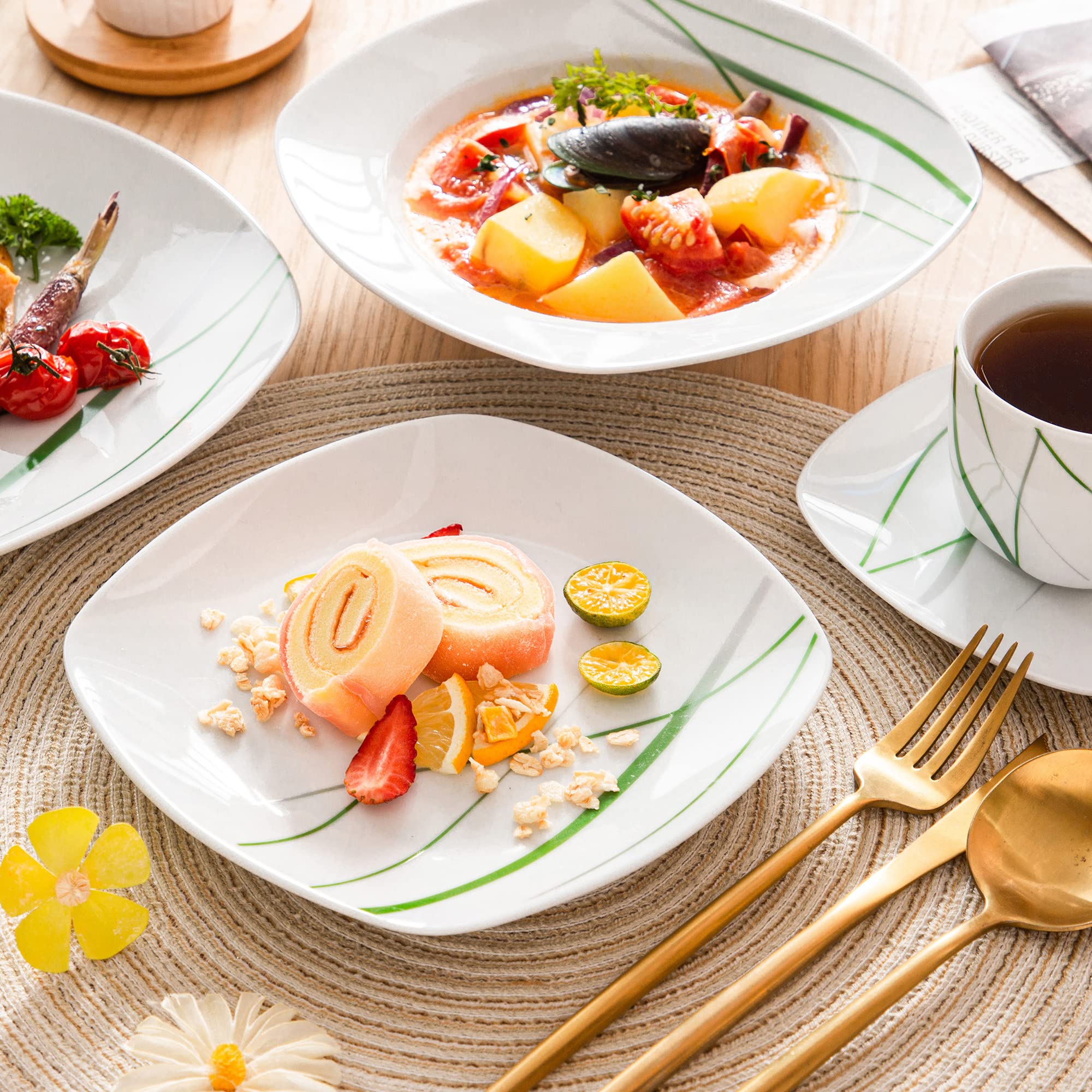 VEWEET AVIVA 60pcs Service de Table Pocelaine 12 Assiettes Plates 24,7cm，12 Assiette Creuse 21,5cm, 12 Assiette à Dessert 19,2cm, 12 Tasses 220 ml et 14,5 cm Soucoupe pour 12 Personnes