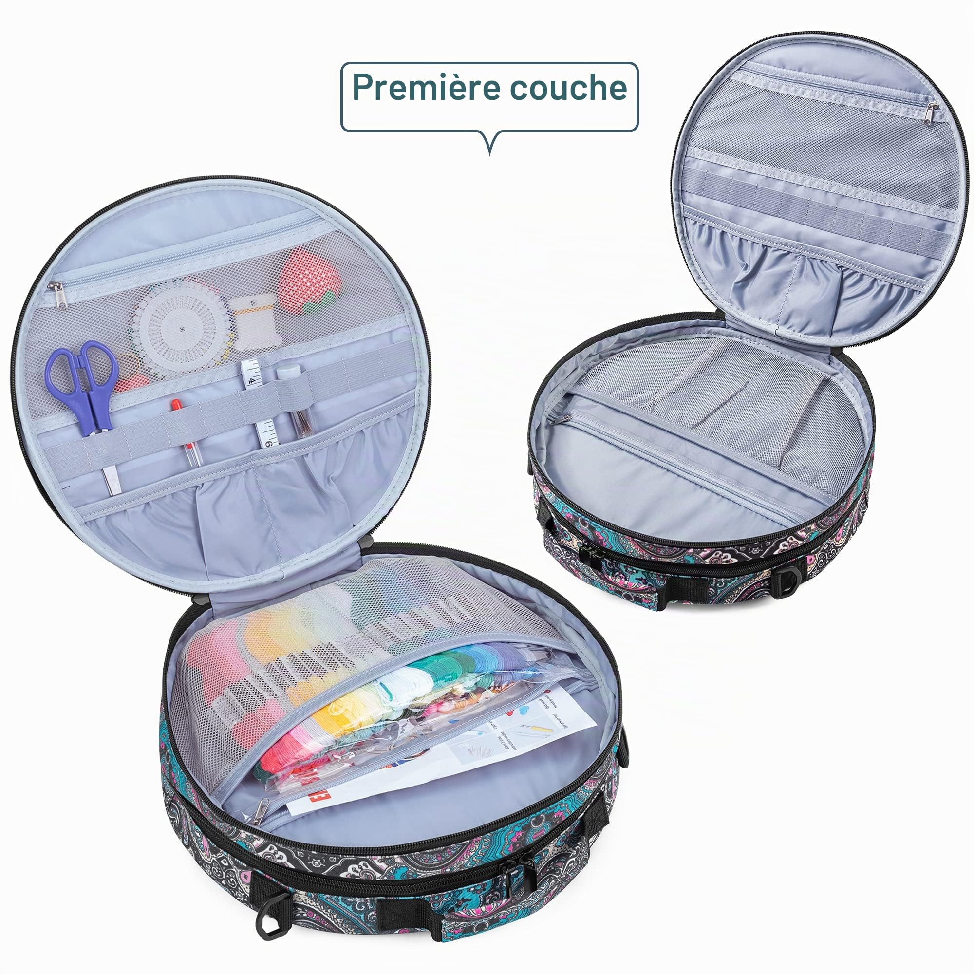 LoDrid Sac de Rangement Rond à Double Compartiment pour Broderie, Totem | Sac pour point de croix et kits de broderie, avec poignée et bandoulière (sac vendu seul)