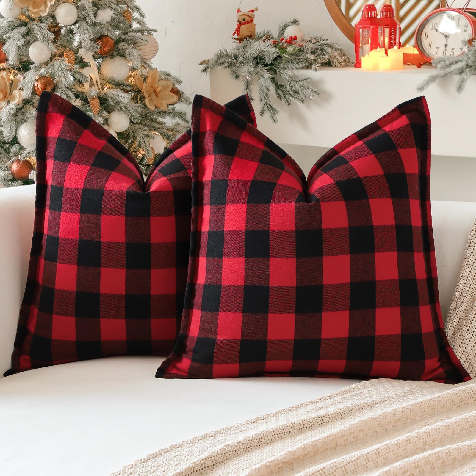 Sungeek Set of 2 Christmas Tartan Cushion Covers 40 x 40 Linen Decorative Buffalo Check Plaid Square Pillow Covers with Stitched Edge for Sofa Couch Bed Living Room 16x16 Inch (Red and Black) โ image 1