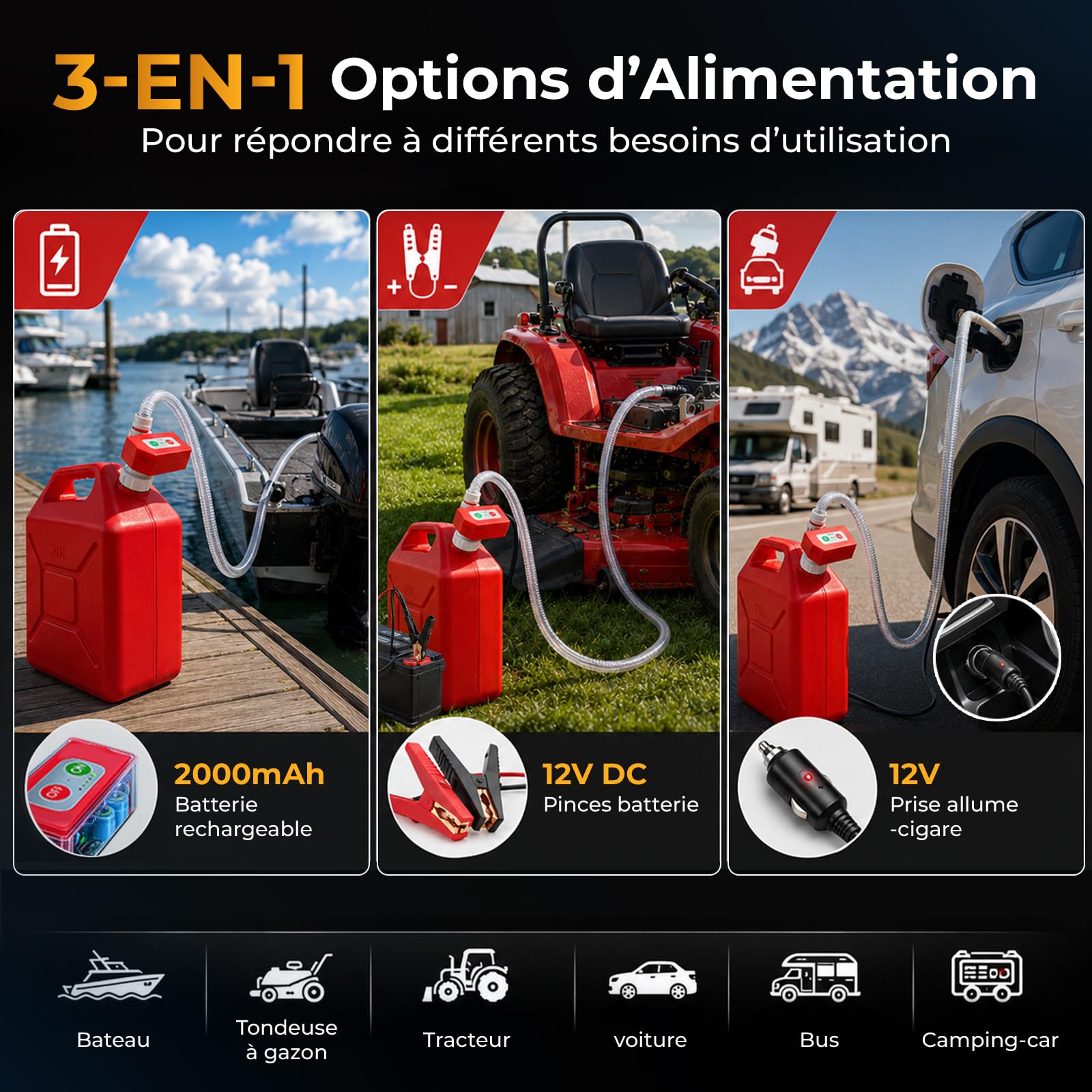 Pompe Essence Electrique, Pompe Carburant sans Fil, Arrêt Automatique | 9L/Min, 2000mAh Batterie Rechargeable, avec Pince Crocodile 12 V CC et Câble Allume-Cigare, pour Essence, Diesel, Huile