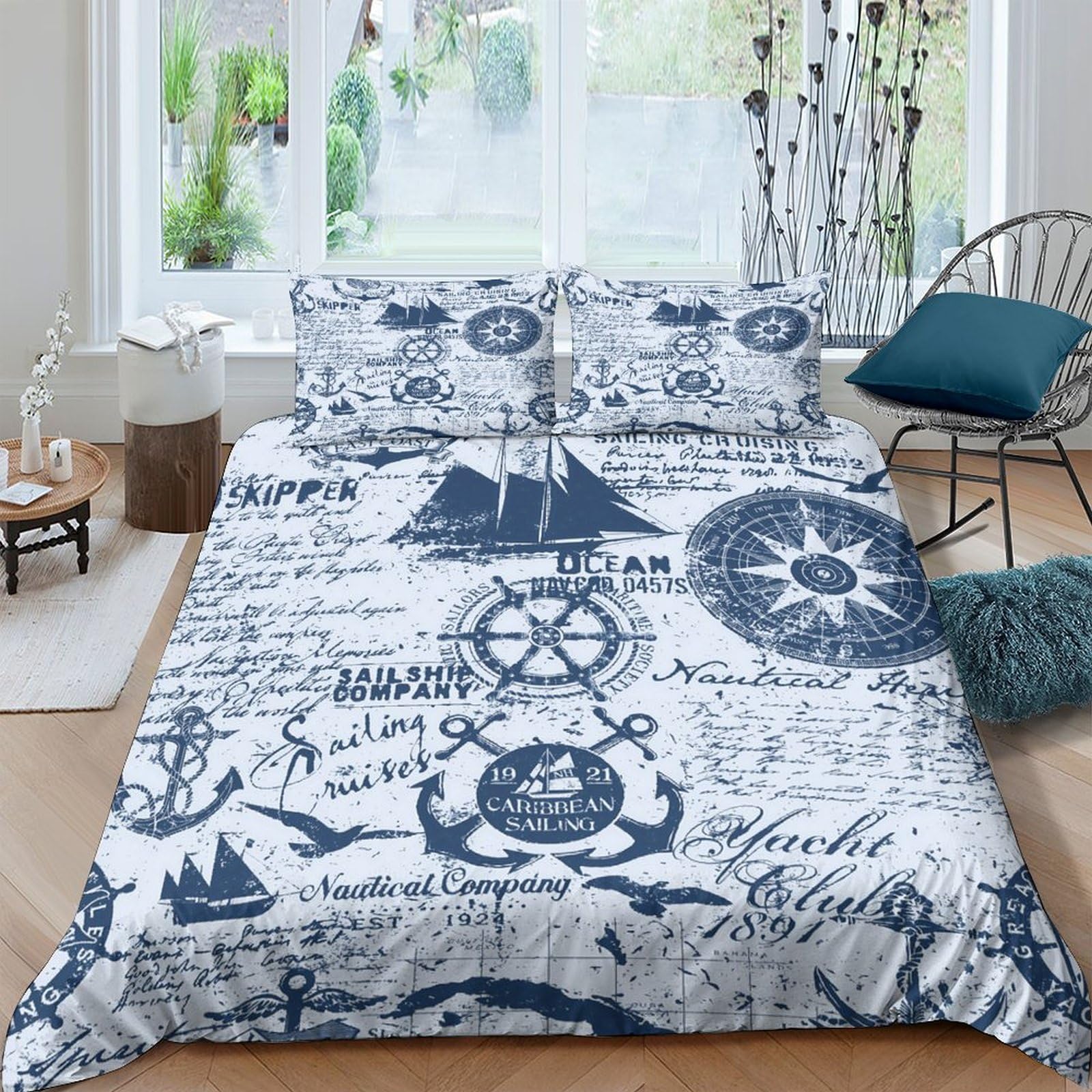 Ctjqhvkz Style-6 3D Printed Nautical Compass Fitted Sheet Microfiber Soft Blue Sailboat Bed Cover For Bedroom Guest Room Decor Single（135X200cm）
