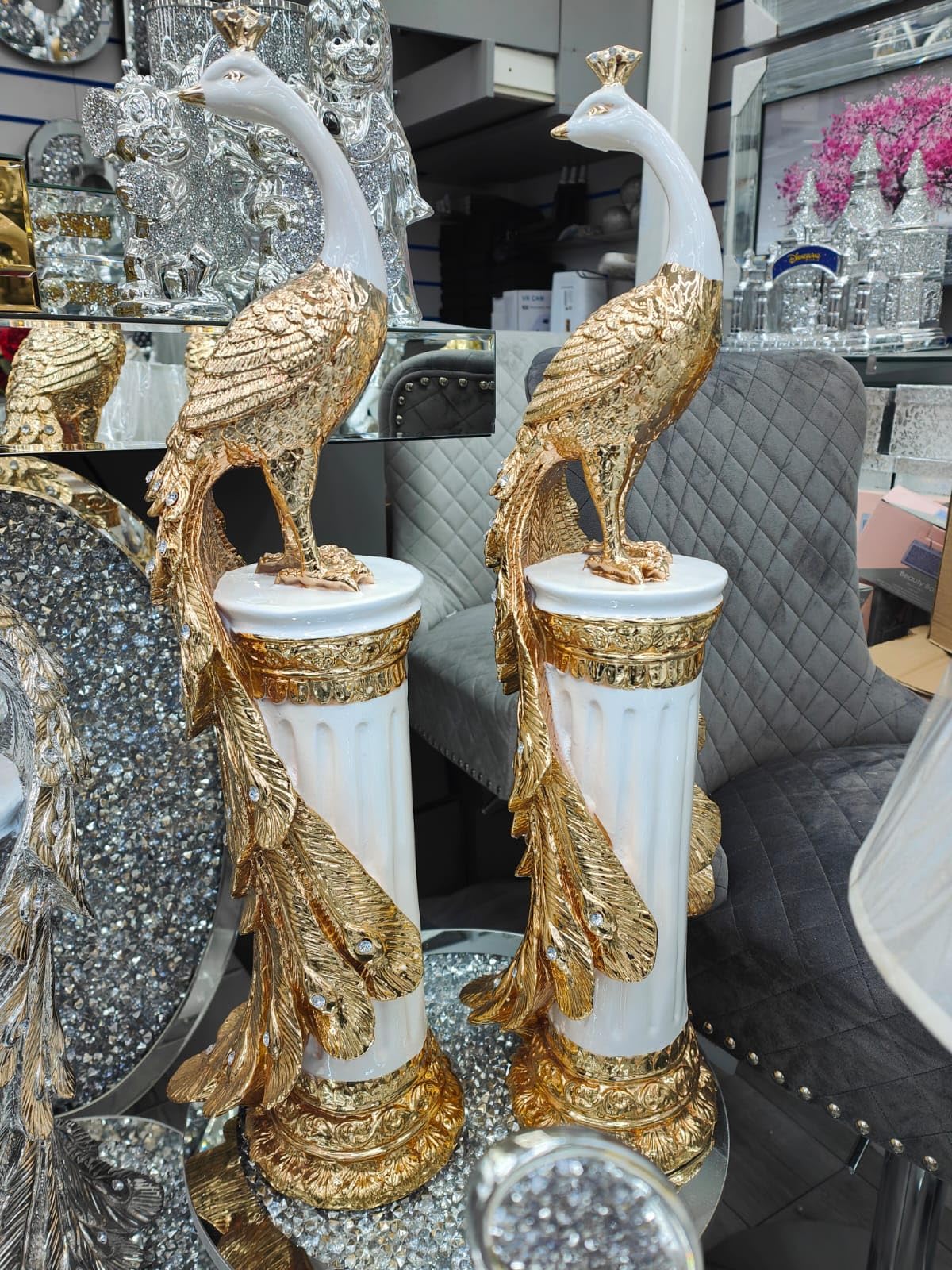 Biznest Gold Set Of 2 Italian Peacock Pair Stand Romany Diamante Gift Shelf Sitter Luxury (Gold)