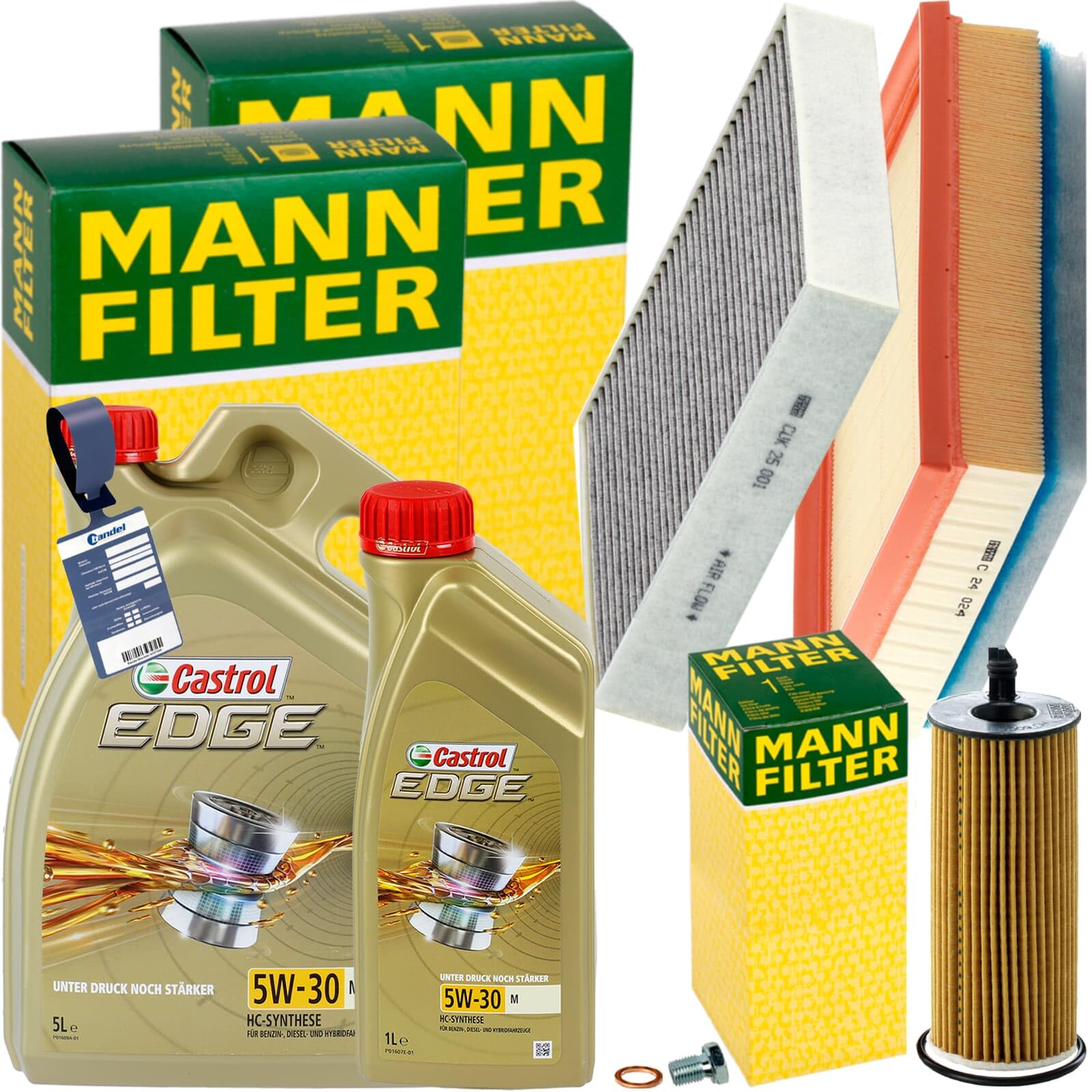 Mann Inspektionspaket+6L 5W-30 Öl | C24024, (LX2077/4)+CUK25001+HU6004X+866.370.011+Mn passend für 1er F20 21 3er F30 4er