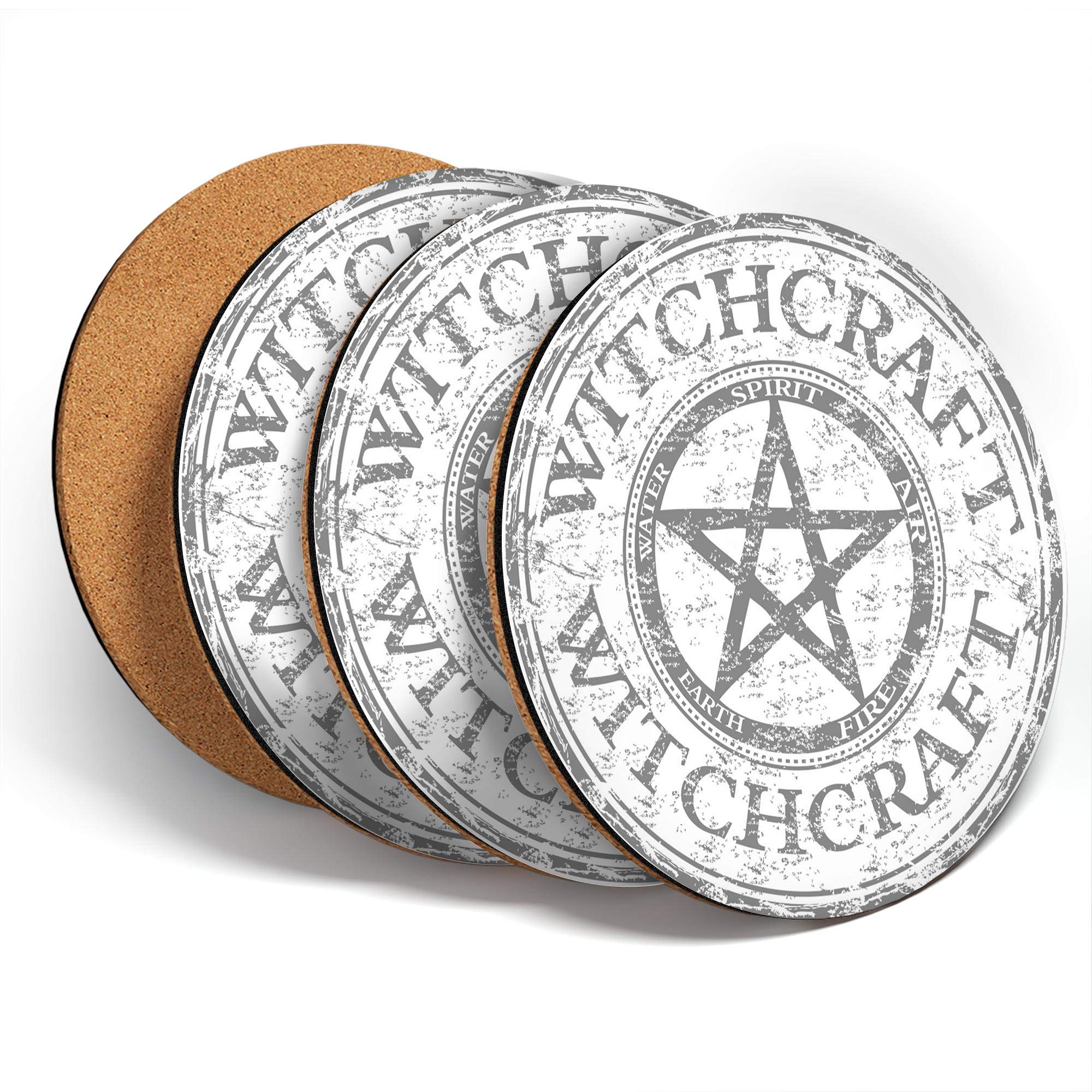 Destination Vinyl Ltd Multicolor Great Coasters (Set Of 4) Round - Bw - Witchcraft Pagan Symbol Witch Drink Glossy Coasters/Tabletop Protection For Any Table Type #39975