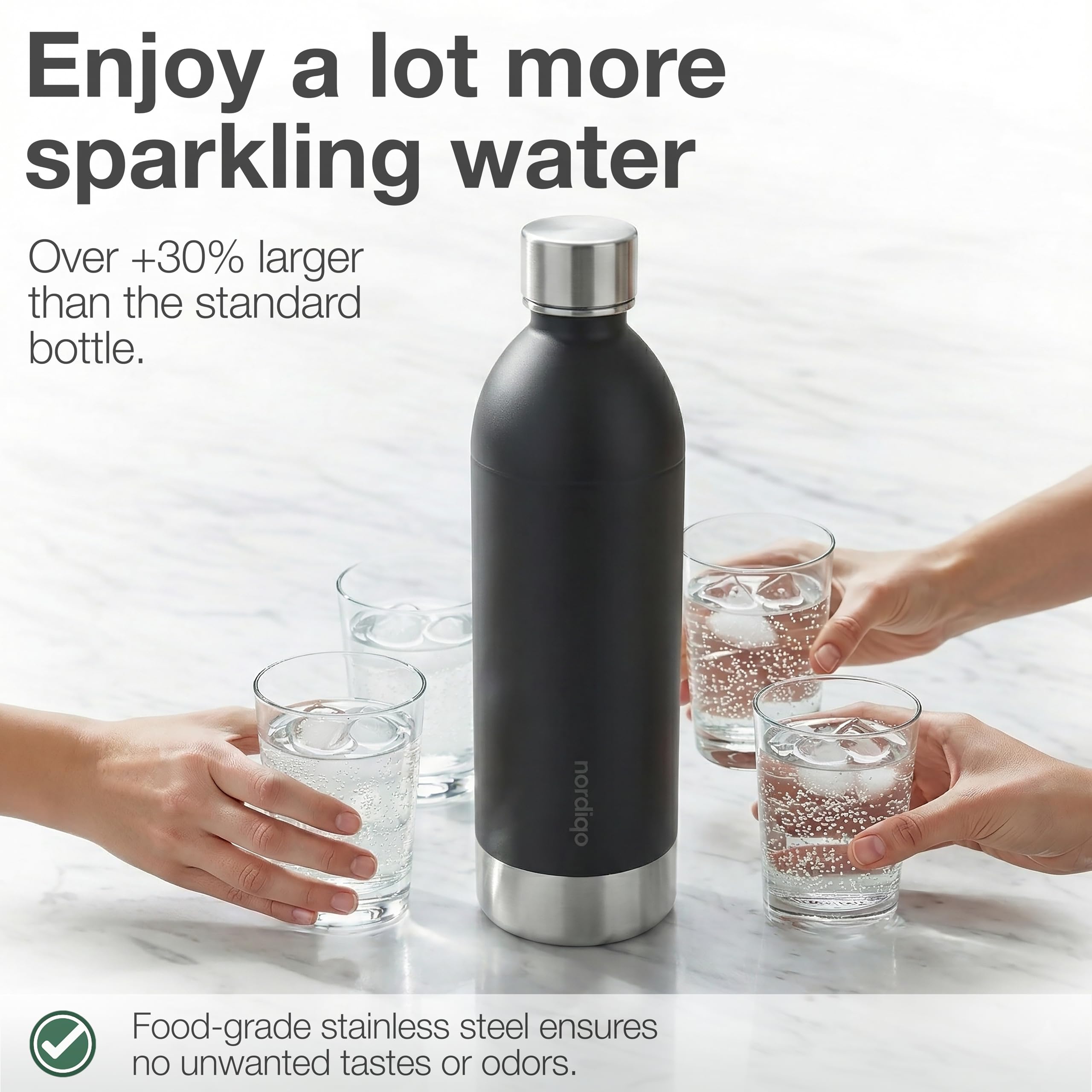 Nordiqo Premium Stainless Steel Bottle 1.3L / 1300 Ml | Compatible With Aarke Carbonator | Dishwasher Safe | No Expiration Date | Leak Proof | BPA-Free | Extra Thick Single Steel