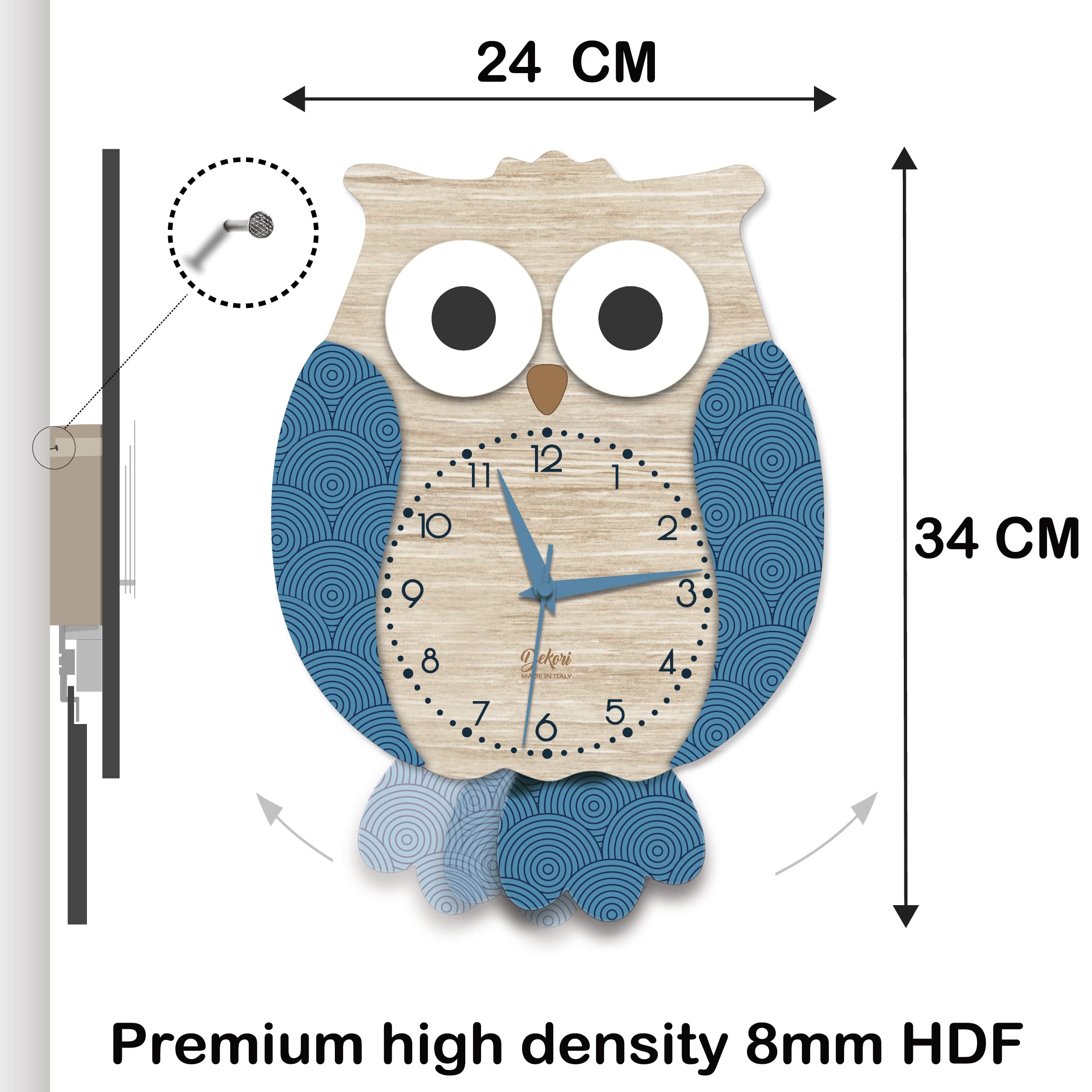 DEKORI Reloj de búho con péndulo. Mecanismo ultra silencioso. Decora y alegra cualquier habitación de la casa, cocina salón habitación infantil. Fabricado en Italia.