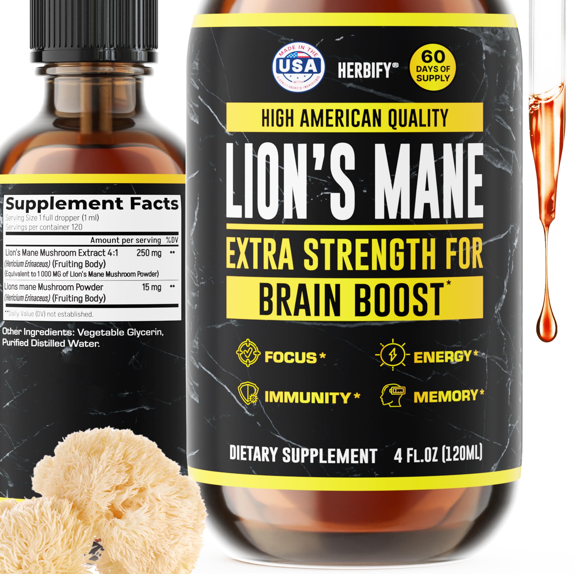 HERBIFY Lions Mane Supplement - Daily Mushroom Supplement for Memory, Focus & Clarity - Brain Booster - Lions Mane Tincture for Immune Support - 4 Fl oz