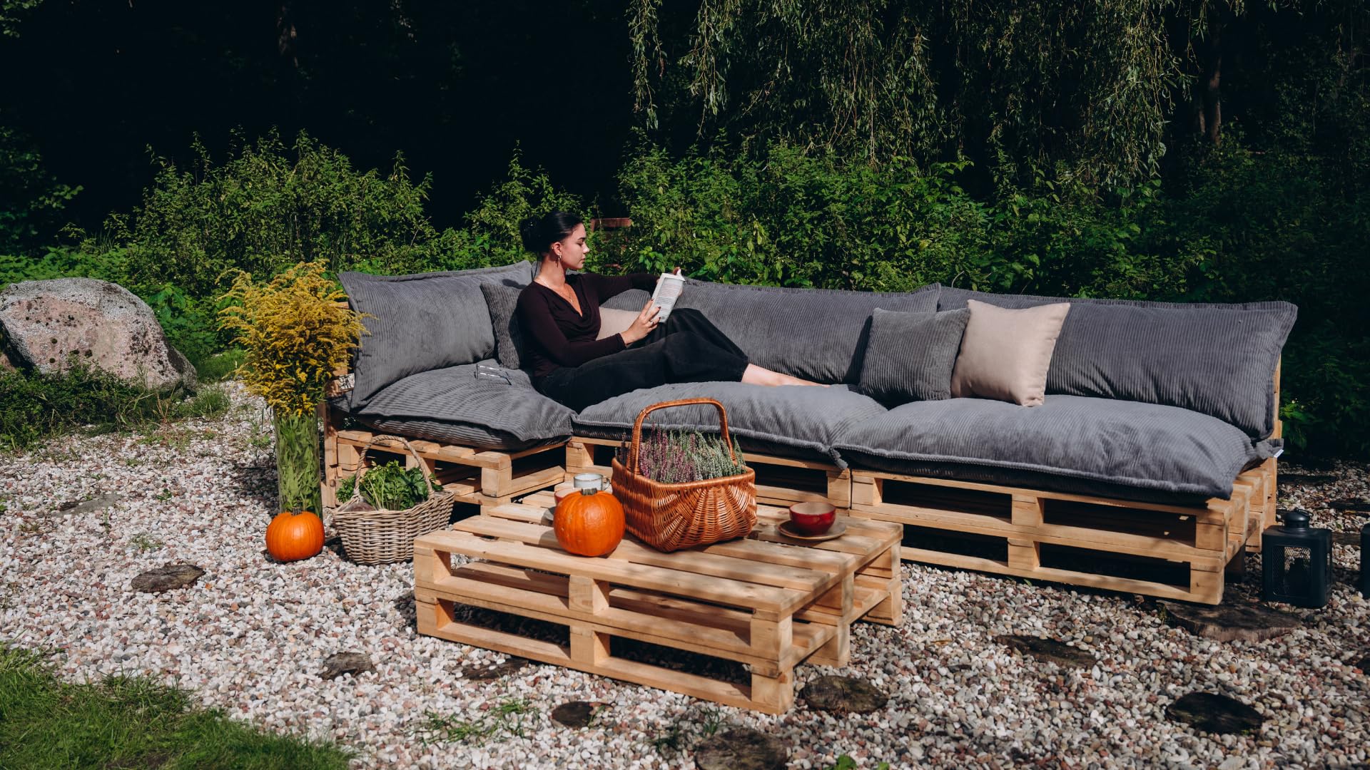 Gutekissen Lot de coussins pour palettes européennes - Rembourrés avec de la mousse de Pouliette granulée PLL (vert, lot (coussin d'assise 120 x 80 cm + dossier 120 x 40 cm)