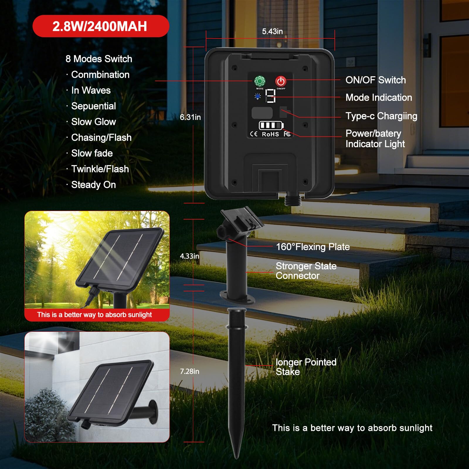 24V COB LED Tira Solar [3m,Blanco Cálido 3000-3500K], 2400MAH Controlador de Panel Solar, 8 Modos, IP68 Impermeable Flexible FCOB LED Tira de Neón, Decoración de Dormitorio Jardín Pasillo