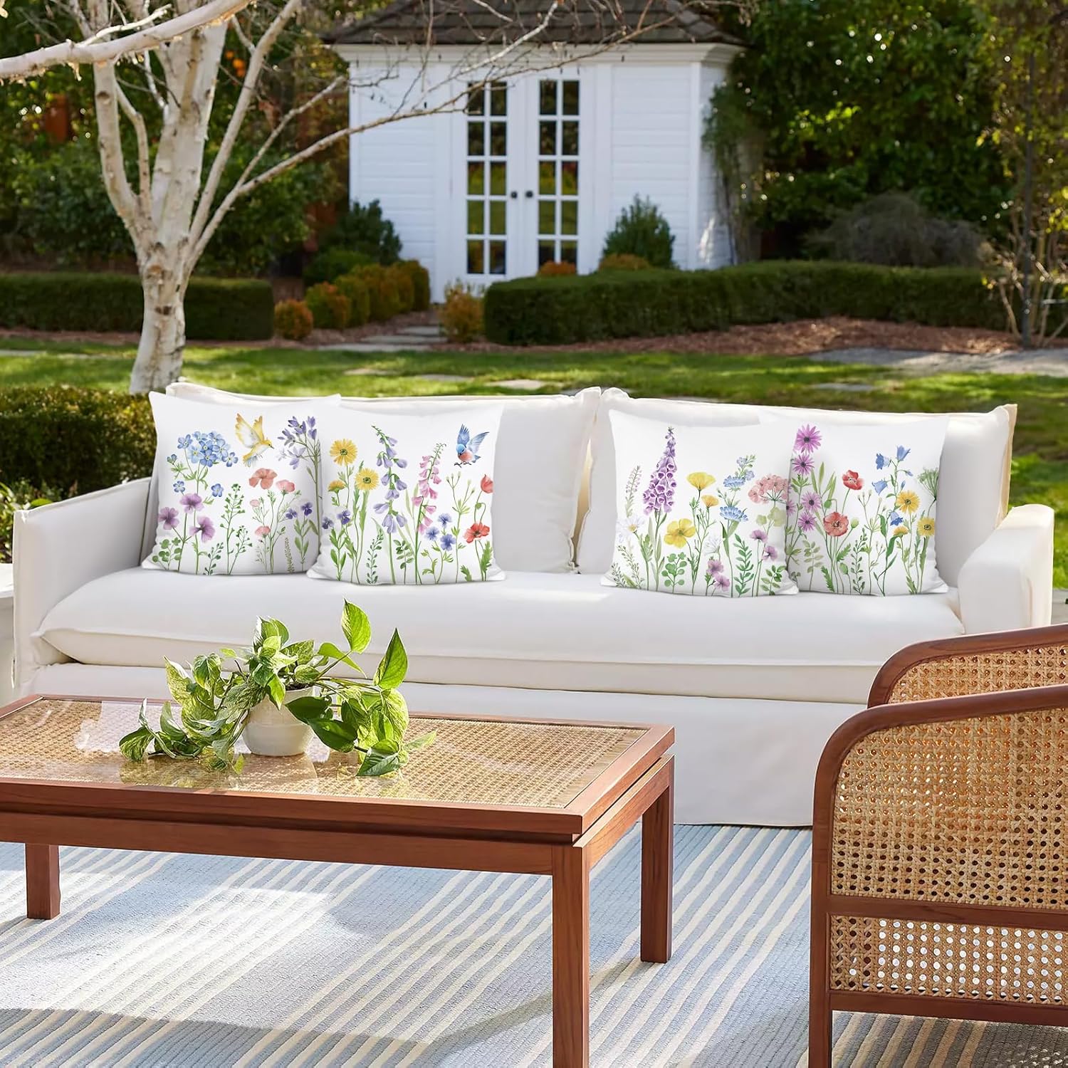 Bonhause Spring Floral Throw Pillow Covers 18 x 18 Inch Garden Flowers Birds Decorative Pillows Soft Velvet Outdoor Cushion Cases for Couch Sofa Bed Home Decor Set of 4 - Image 3