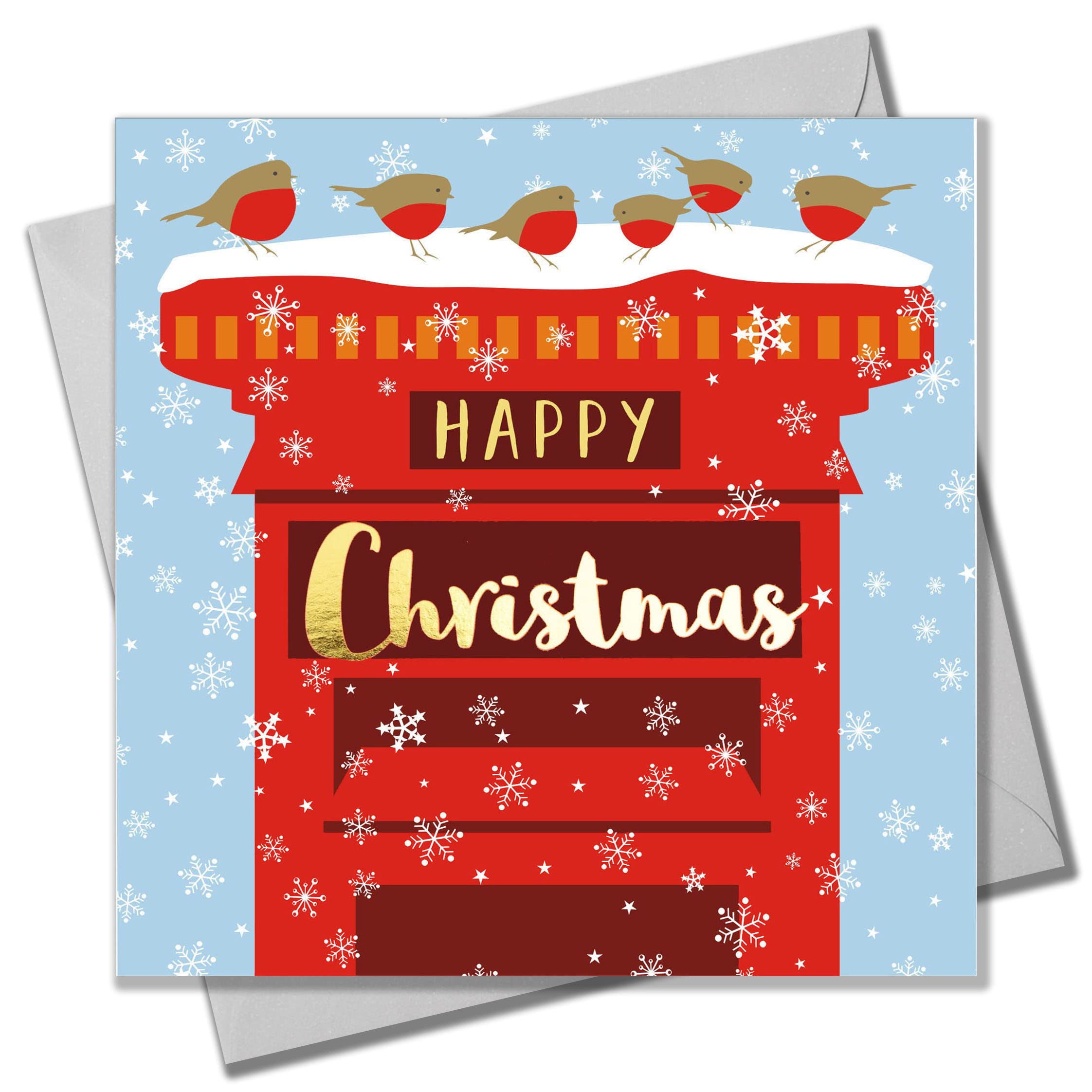 Claire Giles Greeting Cards, Happy Christmas Card, Robins on a Postbox design xmas Greeting Card, Text Foiled in Shiny Gold