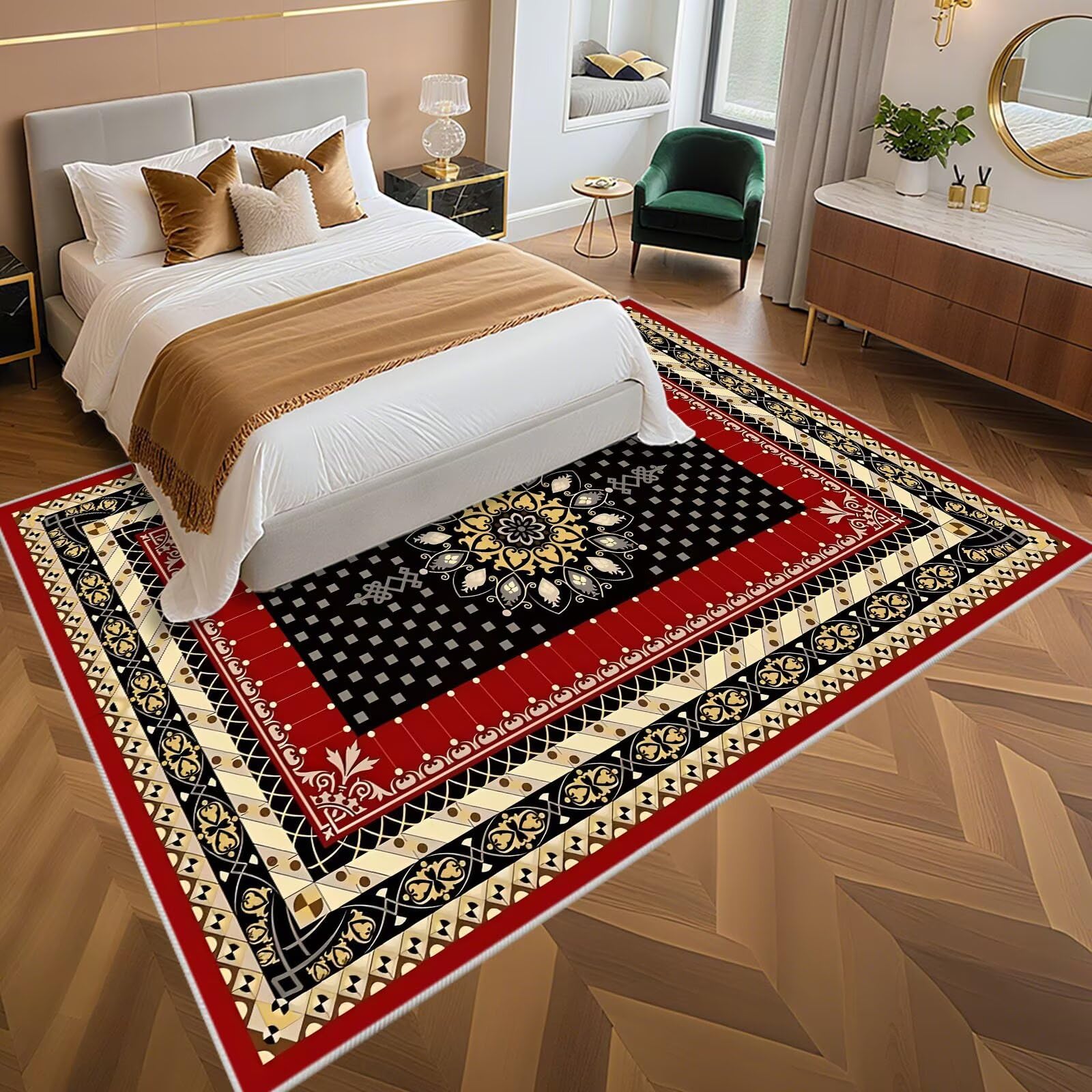 Kuschelig Weich Teppich Wohnzimmer Kurzflor 200x250cm,Rot Großer Teppich,Persischer Stil für Balkon,Gegend,Matt Floor