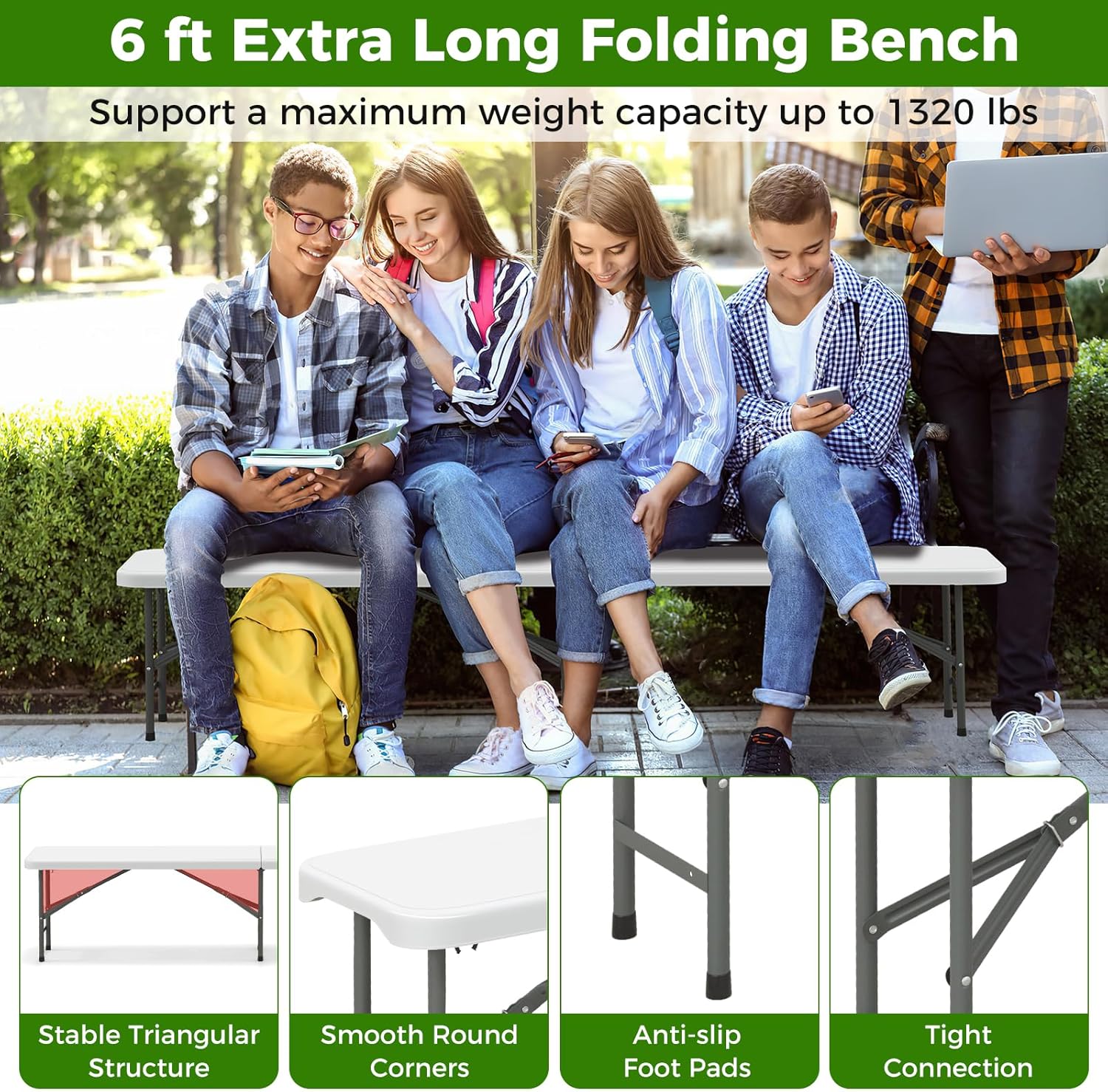 Giantex 6 FT Plastic Folding Bench, HDPE Portable Seat w/Metal Legs, Fold-in-Half Outdoor Bench for Picnic, Garden, Camping, Party Sport Events, 1320 lbs Capacity, No Assembly (2, White)