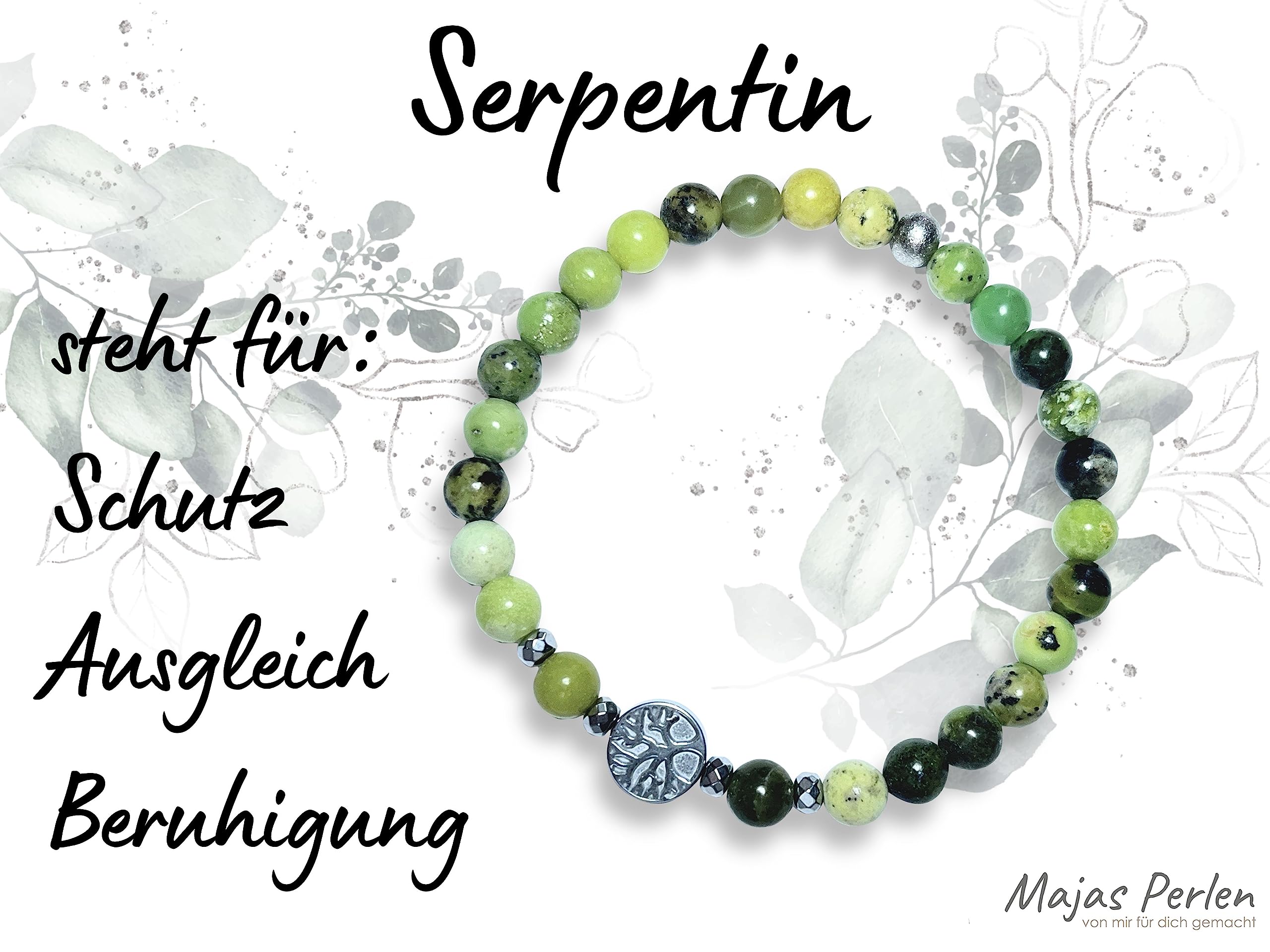 Serpentin Armband Perlen echt 6mm Lebensbaum Hämatit Silber - Handmade Perlenarmband Kreativität Vertrauen Freundschaft - Spiritueller Esoterischer Schmuck Unisex - Personalisierbar