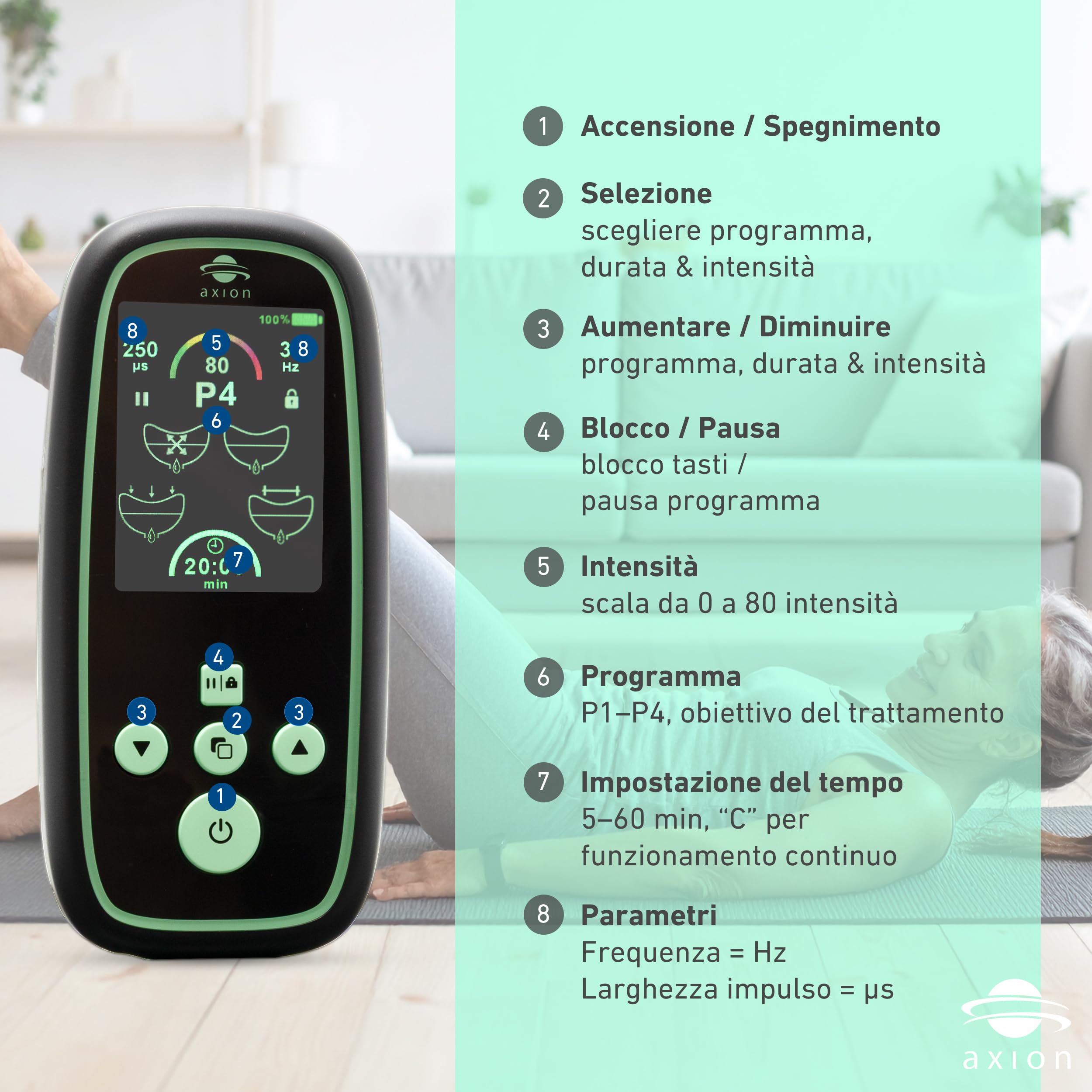 Stimolatore del pavimento pelvico axion® I-3000 per donne | Dispositivo Kegel EMS con sonda per incontinenza e controllo della vescica | 4 programmi, 80 intensità, USB-C – Medico certificato