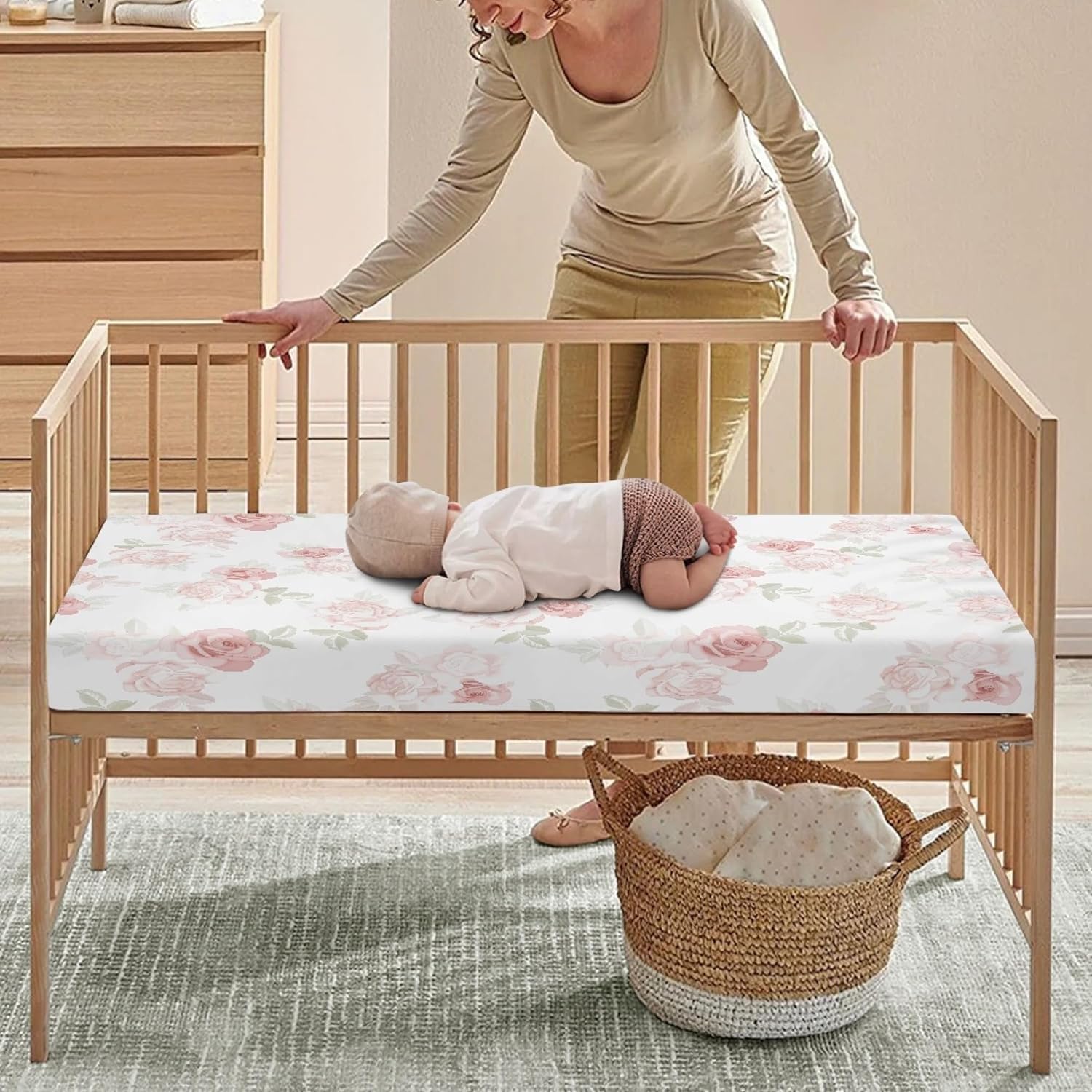 Pink Roses Fitted Crib Sheet for Boys Girls Beautiful Flower Leaves Baby Sheet for Standard Crib and Toddler Beauty Floral Nursery Bed Mattress Sheets 28"x52" - Image 4