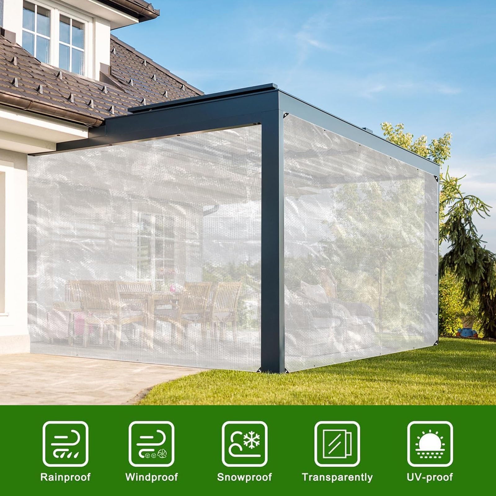 Plane Transparent 135 x 210 cm Ultra Reißfeste Gewebeplane mit Verstärkten Ösen Abdeckplane Schutzplane aus PVC Faltbar mit Seil für Garten Camping & Outdoor, transparent