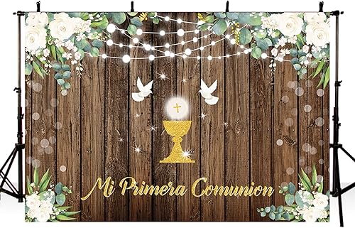 Miniatura 3 de MEHOFOND Fondo de comunión Mi Primera de 7 x 5 pies, decoración de fiesta de bautismo de primera comunión, decoración de fiesta de bautizo, madera
